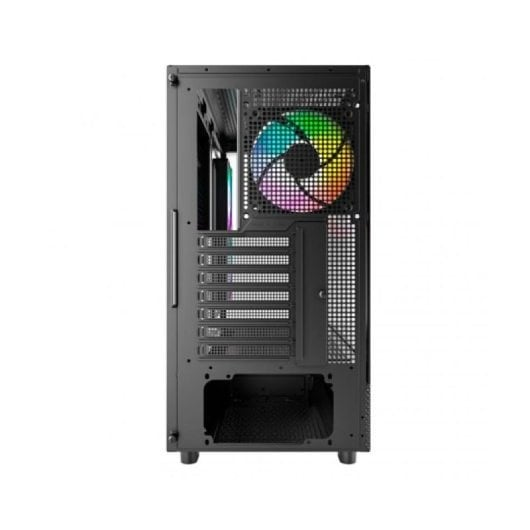 Case PC nero con ventola RGB sul pannello posteriore. Slot verticali visibili.