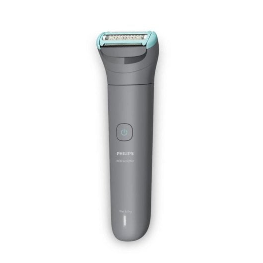 Rifinitore corpo Philips grigio con testina trimmer blu e pulsante.