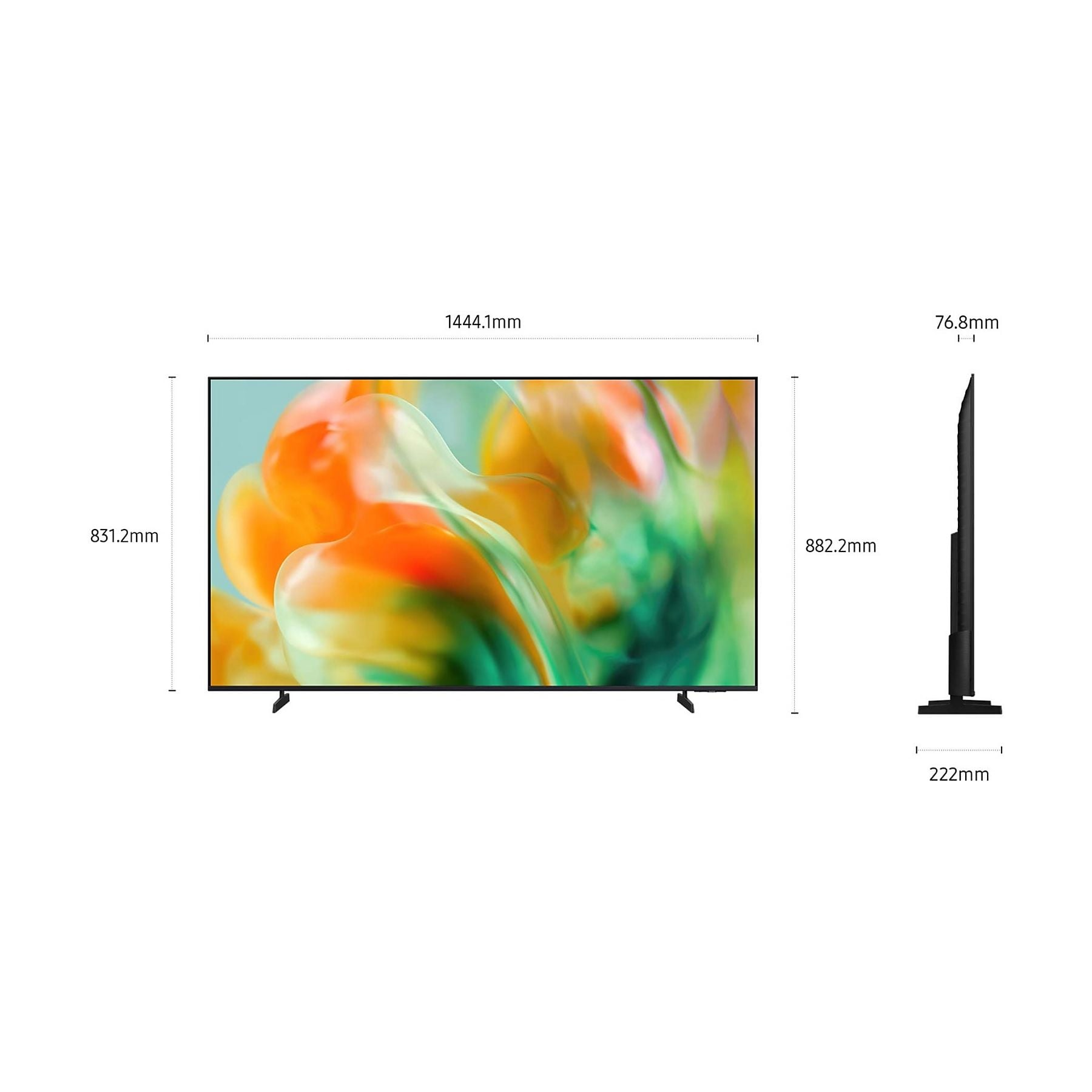 Una TV grande con uno sfondo vivace ed etichette dimensionali.