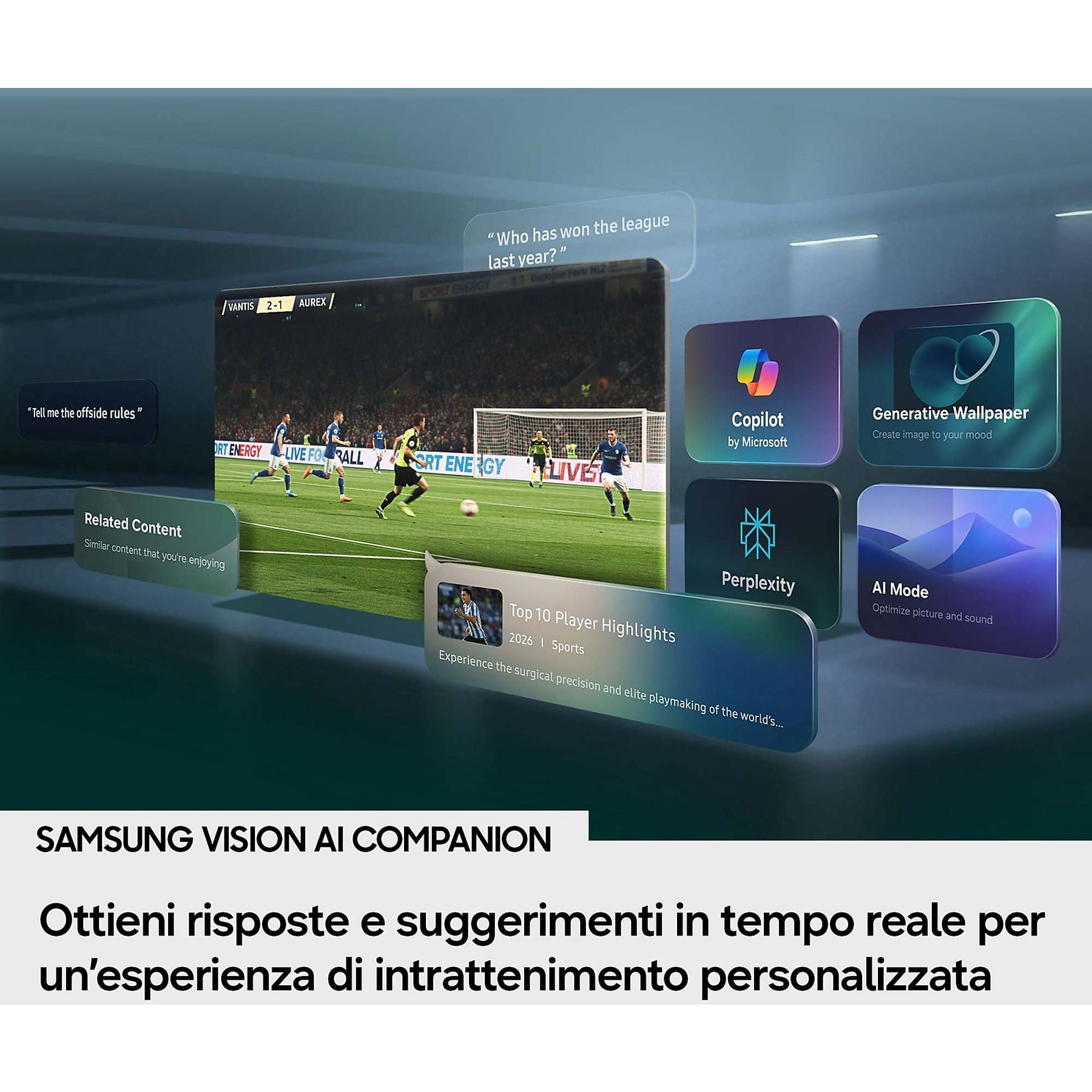 Partita di calcio su TV, con funzioni AI come Copilot, Generative Wallpaper, Perplexity e AI Mode.
