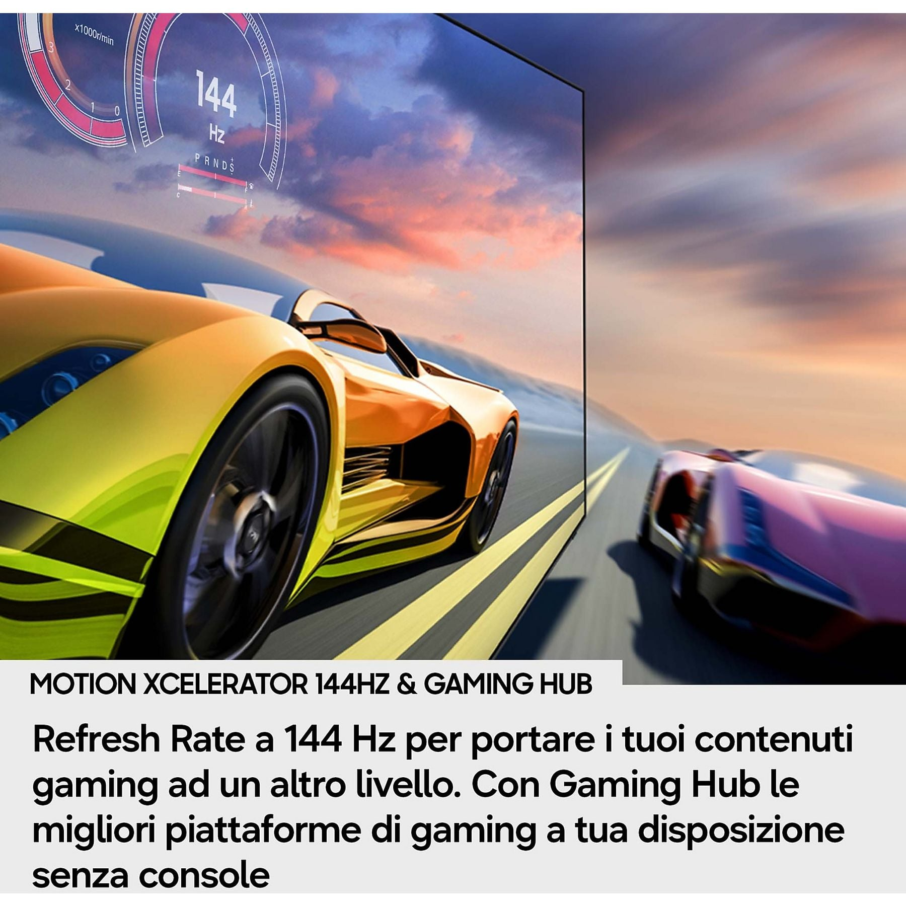 Auto da corsa gialle e rosa su strada, display mostra 144 Hz.