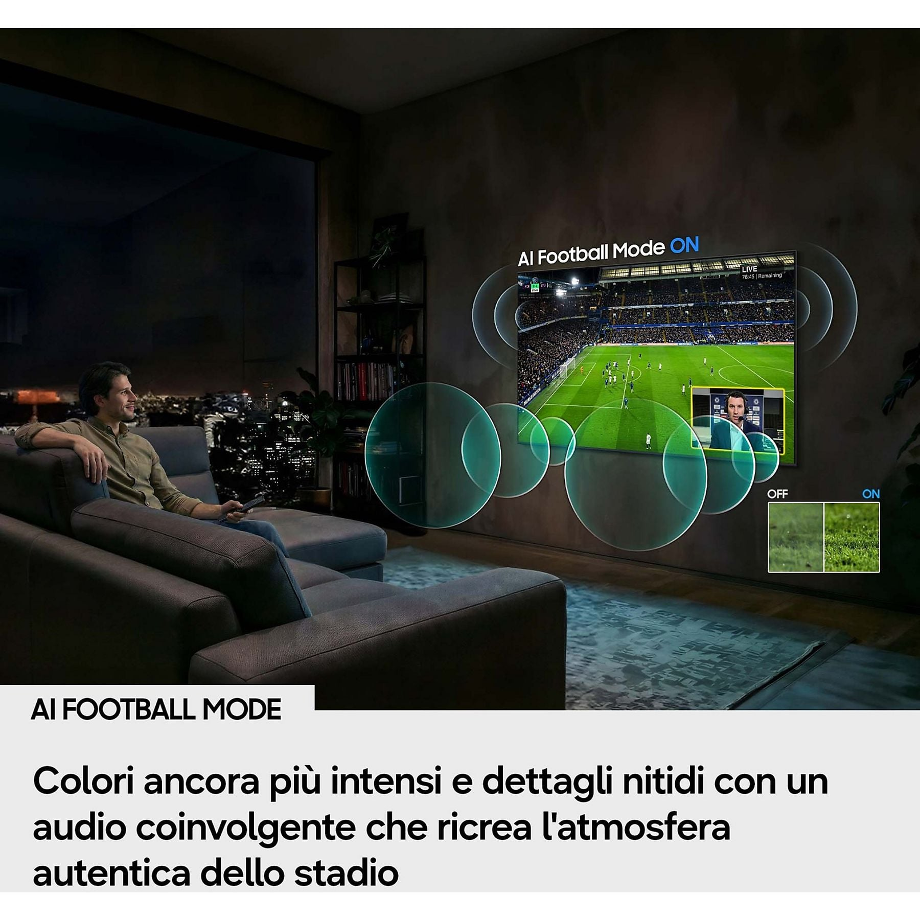 Uomo su divano guarda calcio in TV con Modalità Calcio AI attiva.