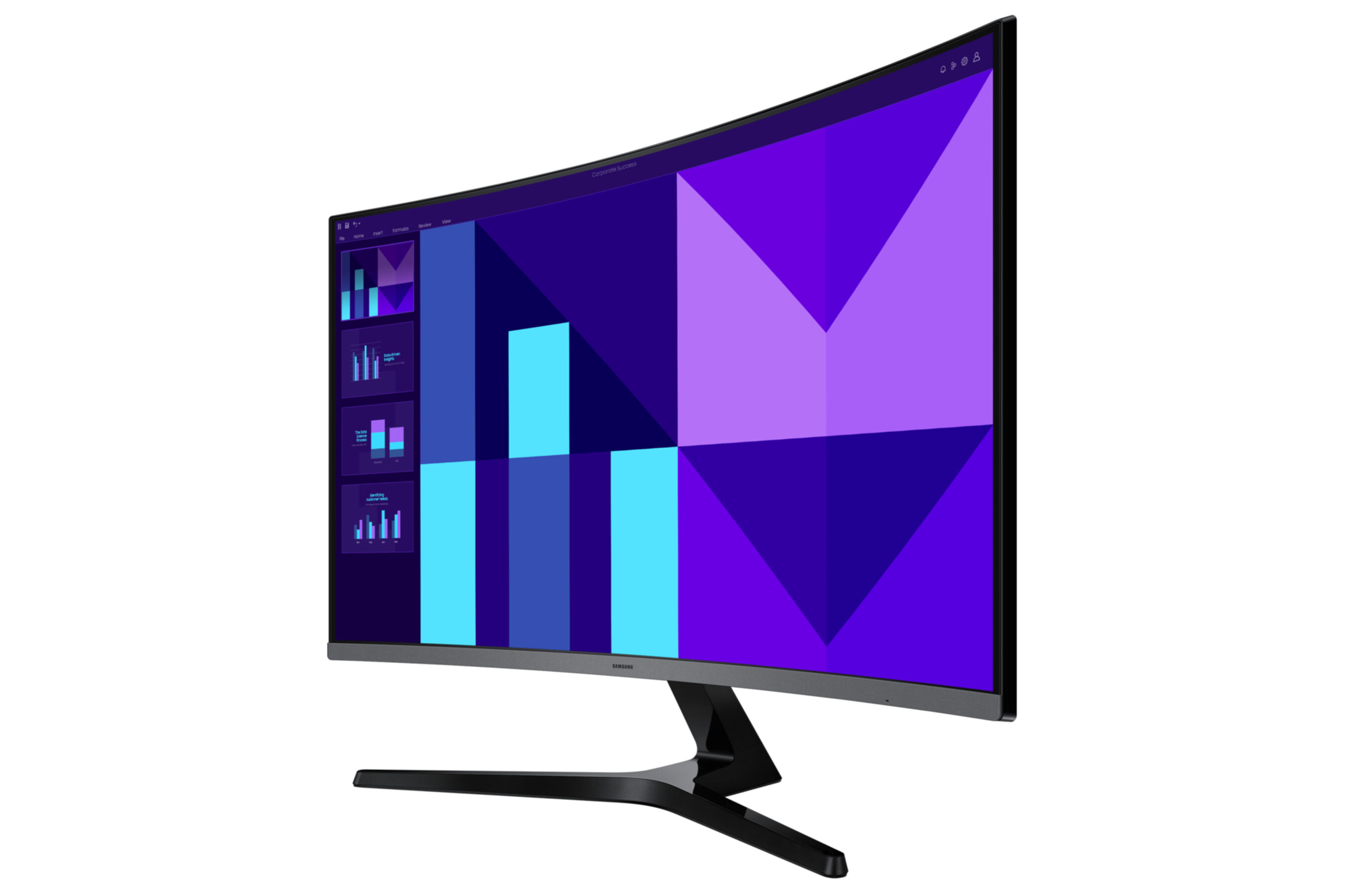Ein gekrümmter Computermonitor zeigt eine lebendige Oberfläche mit blauen und violetten geometrischen Formen und Balkendiagrammen auf weißem Hintergrund.