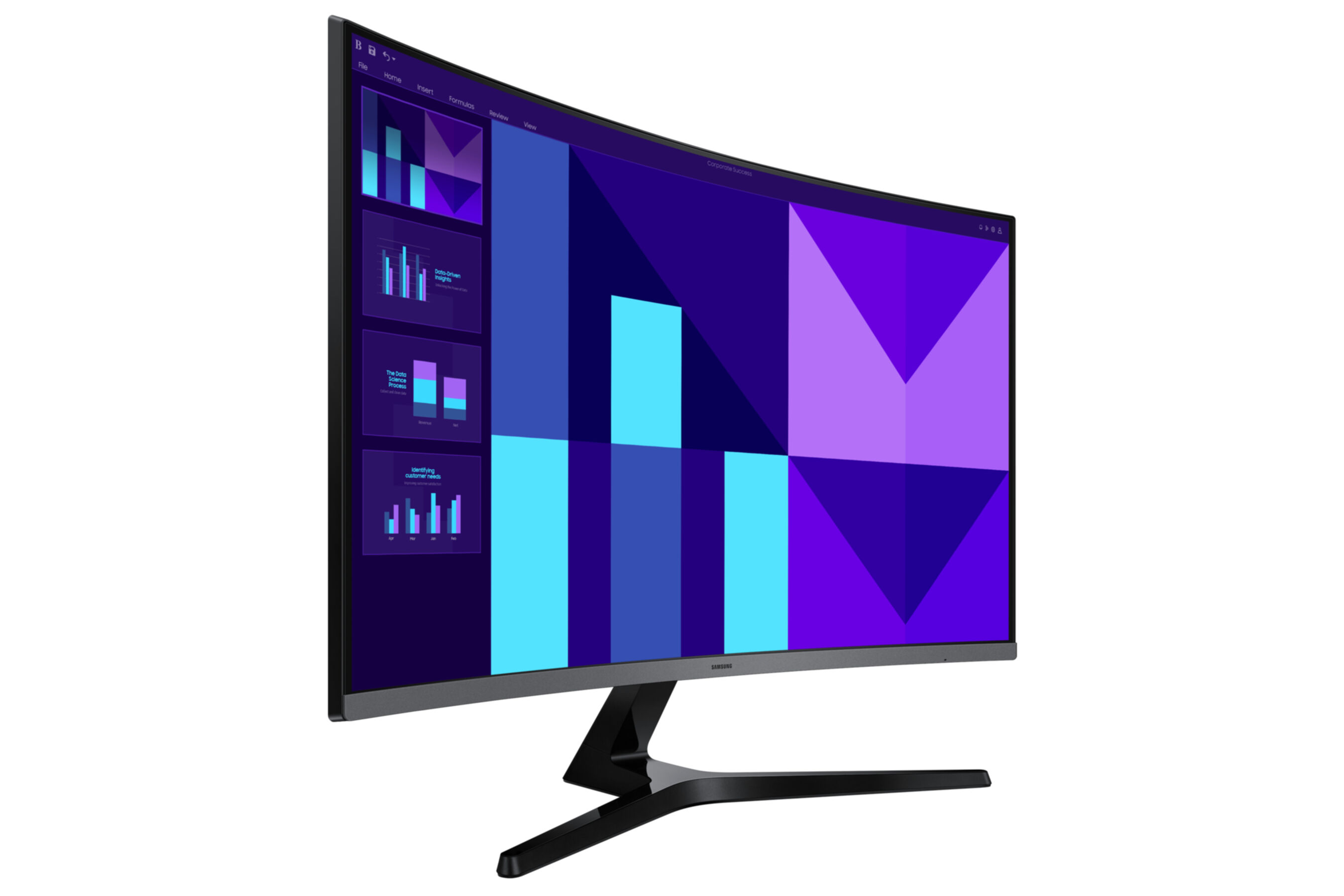Ein gebogener Monitor zeigt eine Präsentation mit Balkendiagrammen und geometrischen Formen.