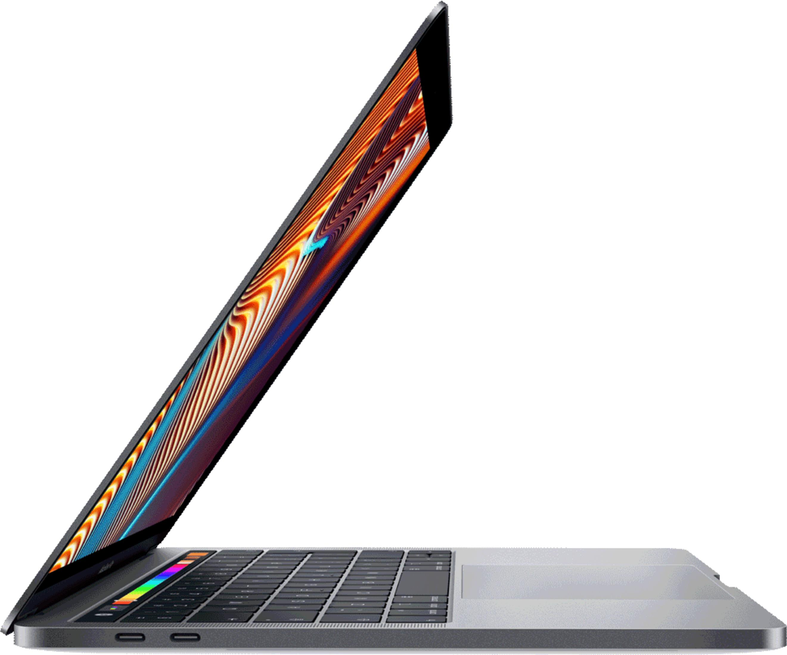 Un laptop argento con lo schermo aperto che mostra un motivo astratto colorato.