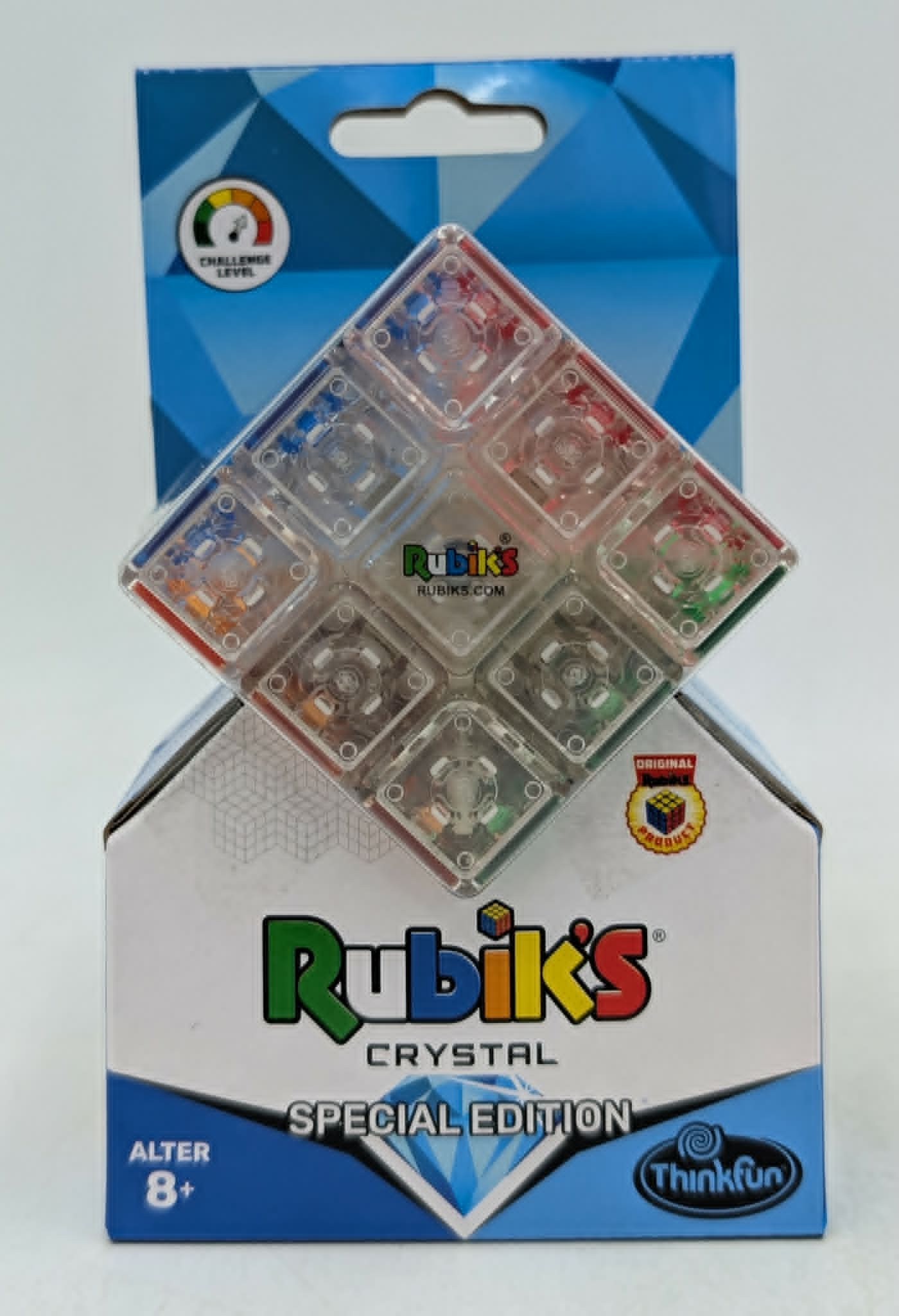 Rubik's Kristall Special Edition Spielzeug mit durchsichtigen Seiten und bunten Innenteilen.