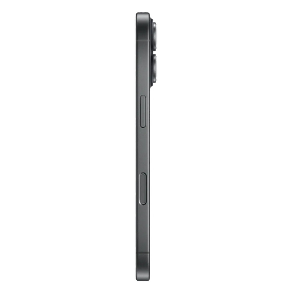Uno smartphone grigio scuro è mostrato verticalmente dal suo lato destro, su uno sfondo bianco. I pulsanti sono visibili.