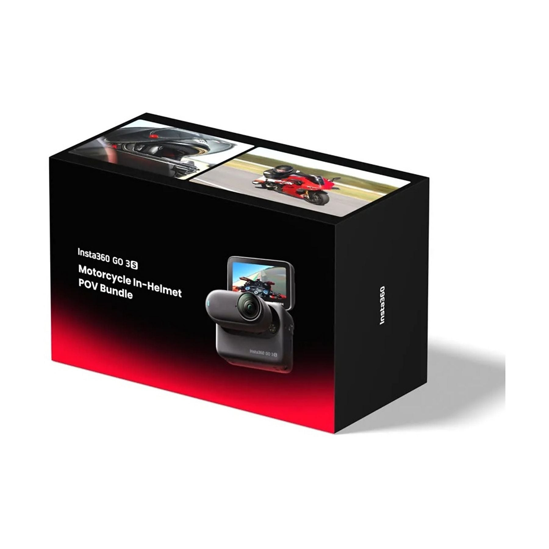 Scatola bundle POV Insta360 GO 3 con fotocamera, casco e moto in pista.