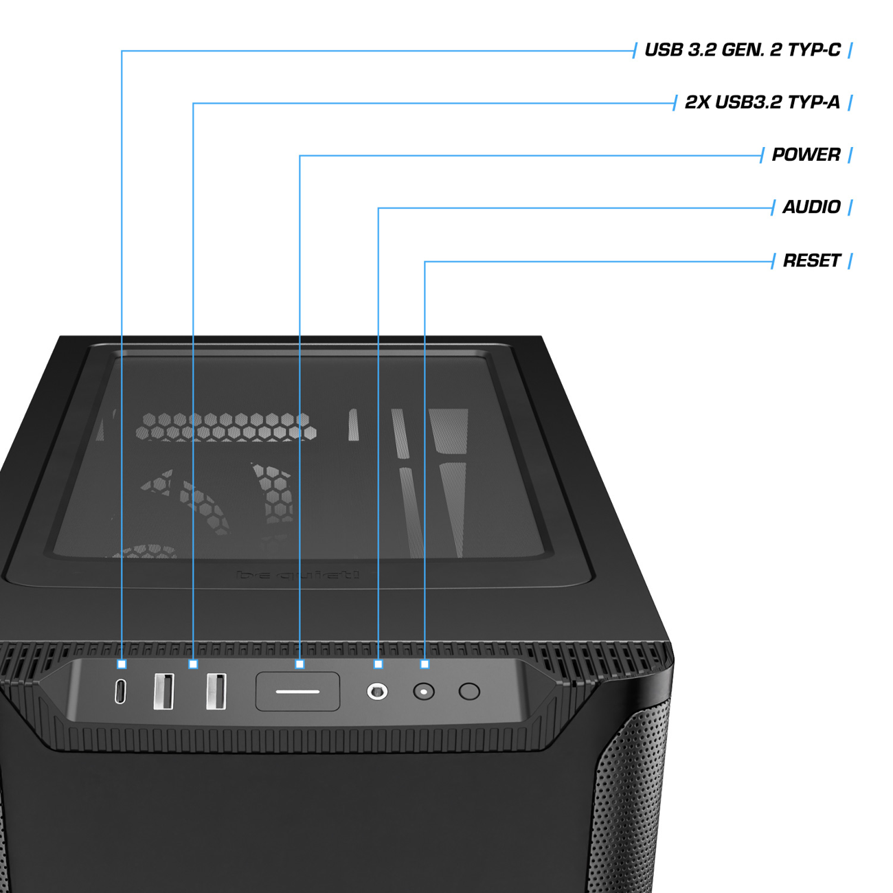 Gehäuse-Frontpanel mit USB-, Audio-, Strom- und Reset-Anschlüssen.