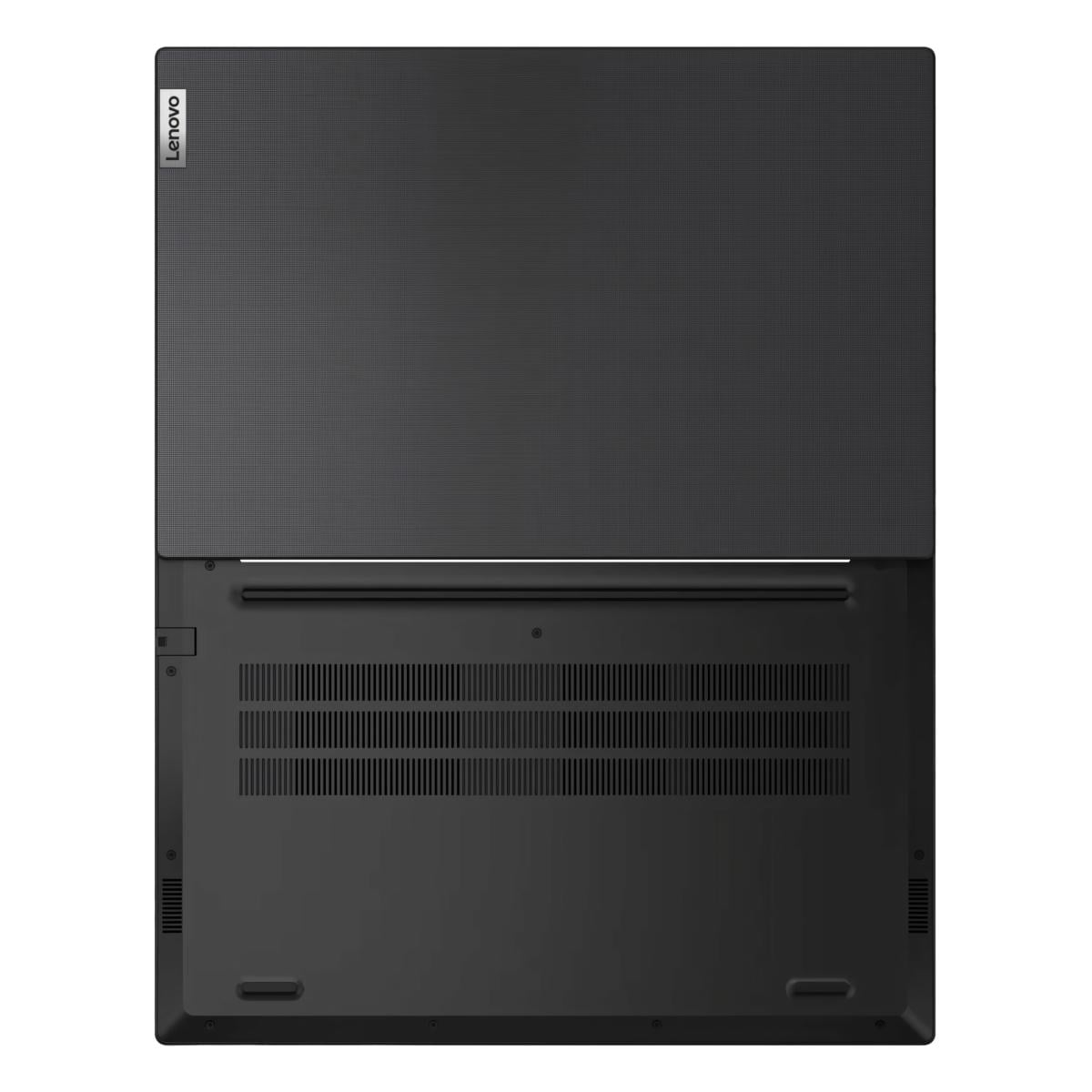 Rückseite eines schwarzen Laptops mit Lenovo-Logo oben links und Lüftungsschlitzen.