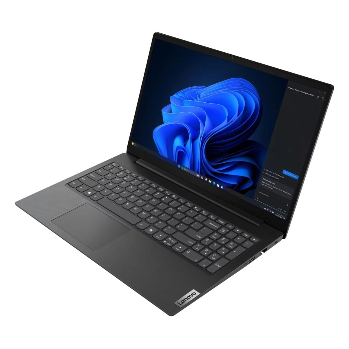 Ein schwarzer Lenovo Laptop ist geöffnet und zeigt ein blaues abstraktes Hintergrundbild.