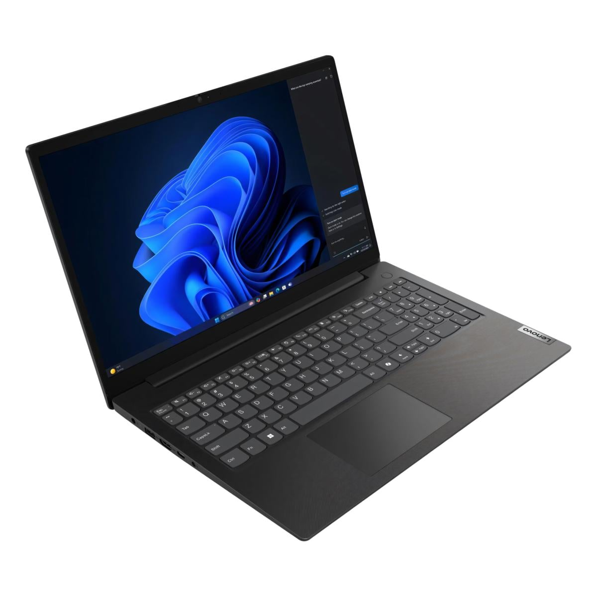 Schwarzer Laptop mit blauem Hintergrundbild auf dem Bildschirm.