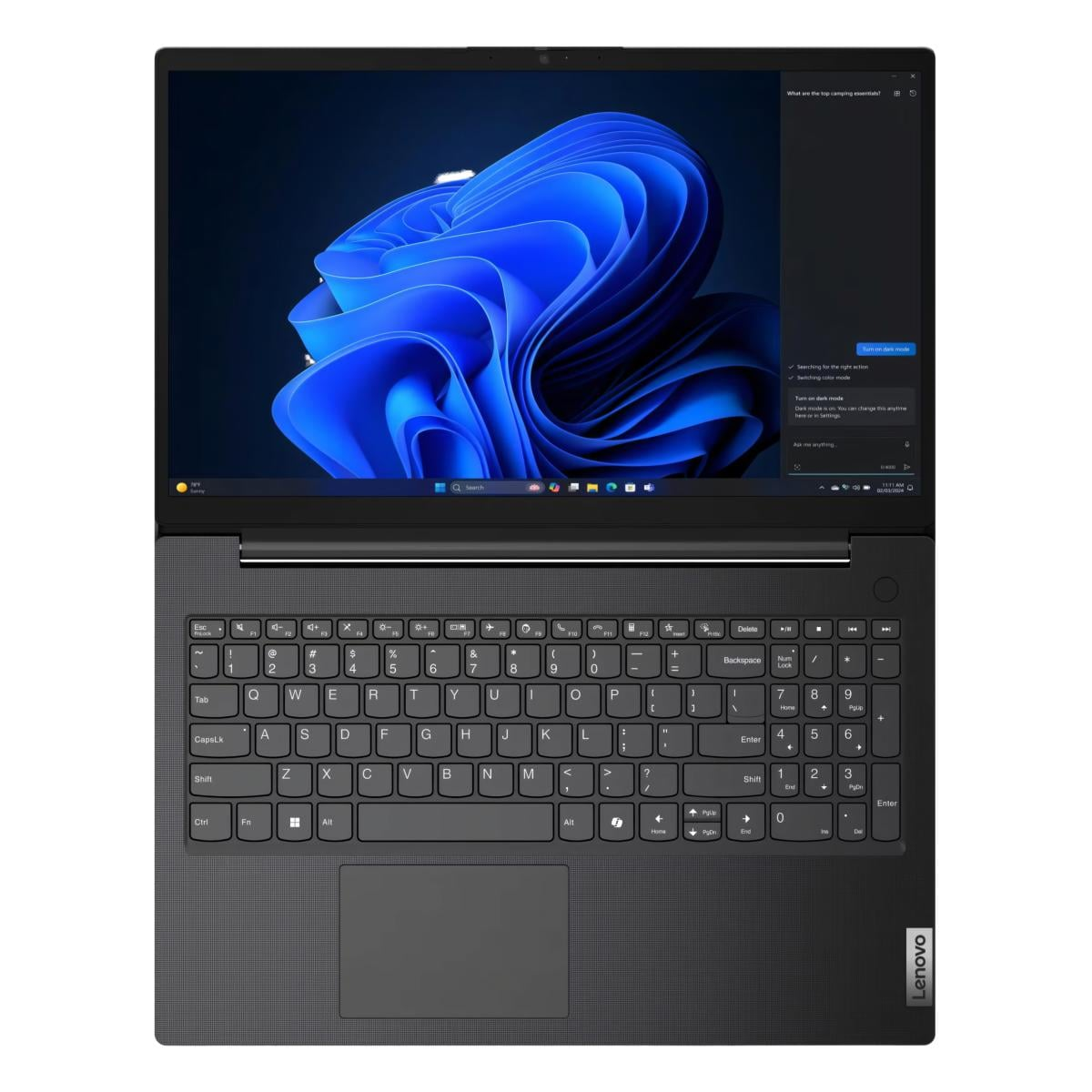 Ein offener schwarzer Lenovo Laptop mit einem blauen Hintergrundbild auf dem Bildschirm.