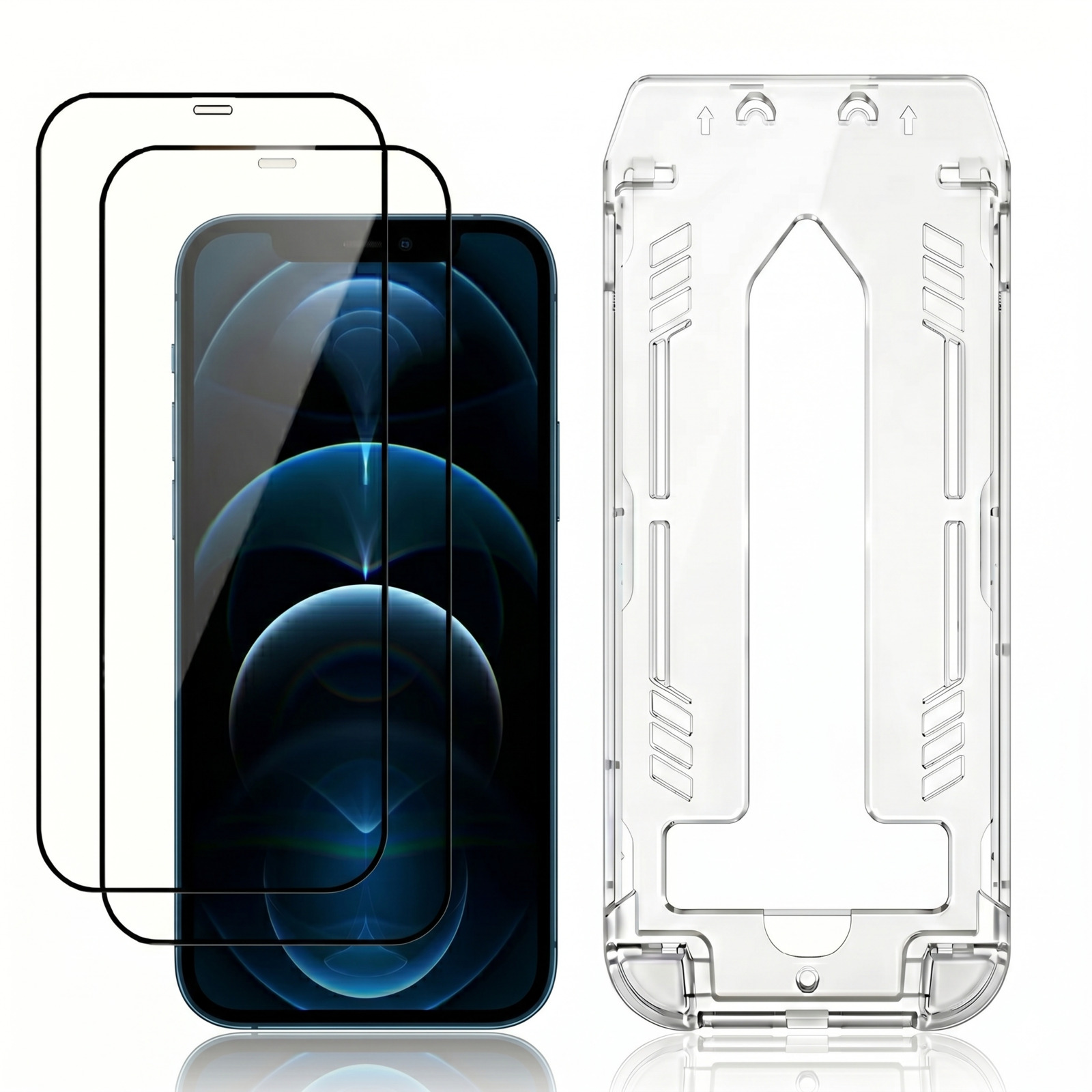 Schermo di uno smartphone con protezioni per lo schermo e custodia trasparente.