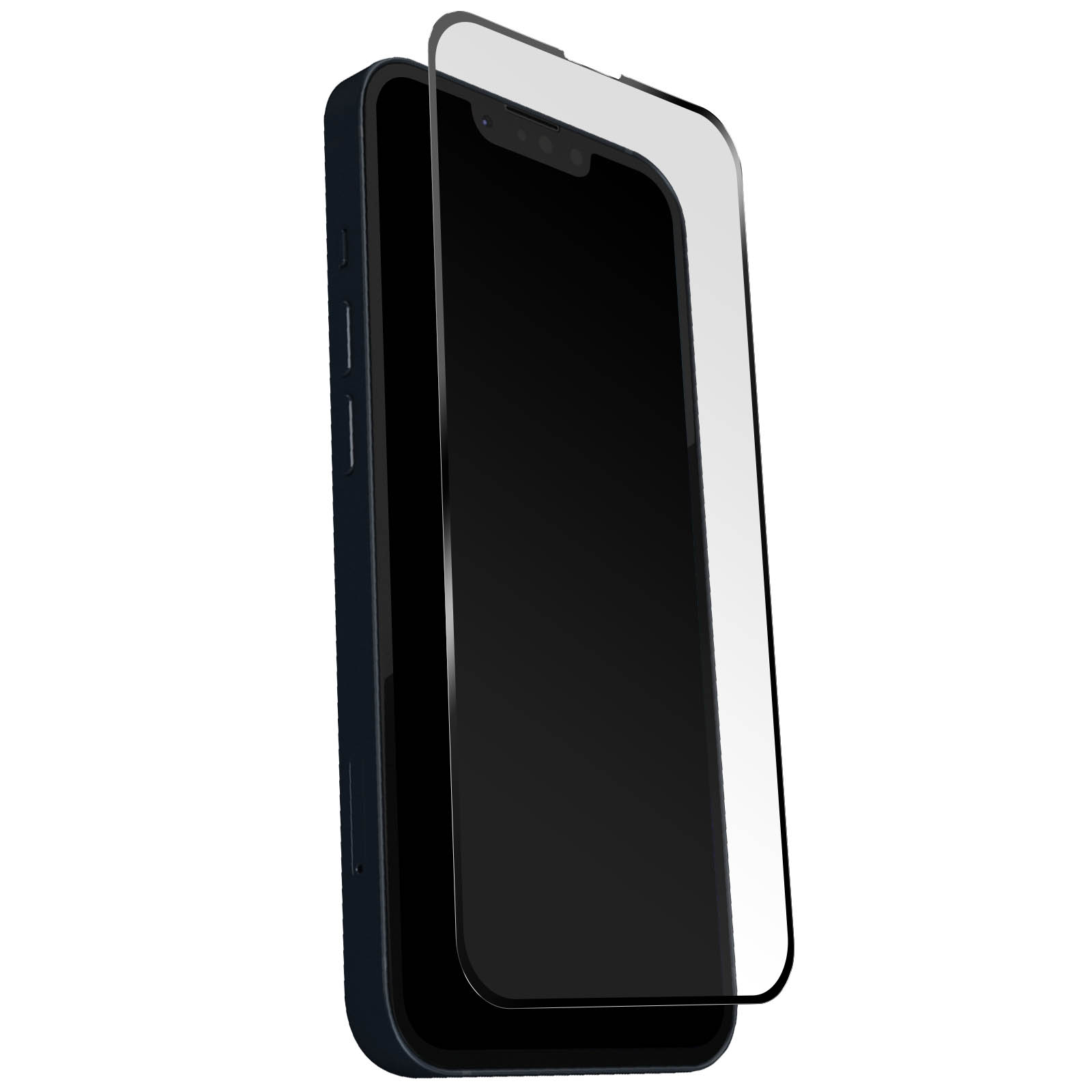 Smartphone blu scuro con protezione schermo in vetro.