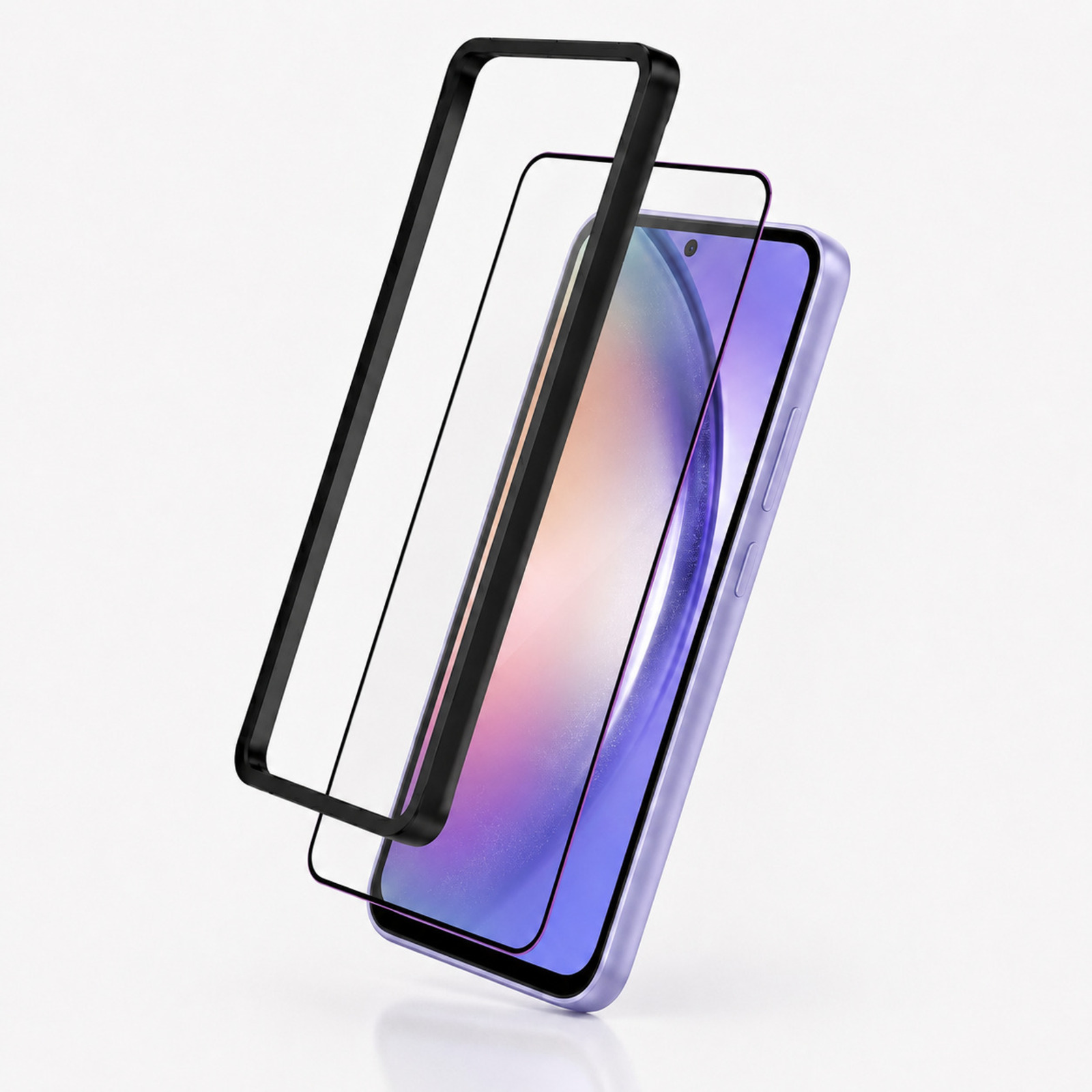 Fioletowy smartfon z czarną ramką ochronną i osłoną ekranu.