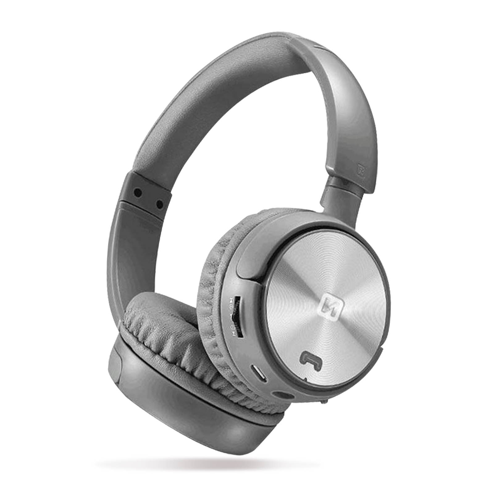 Gray over-ear headphones with padded earcups and a silver center with a logo.