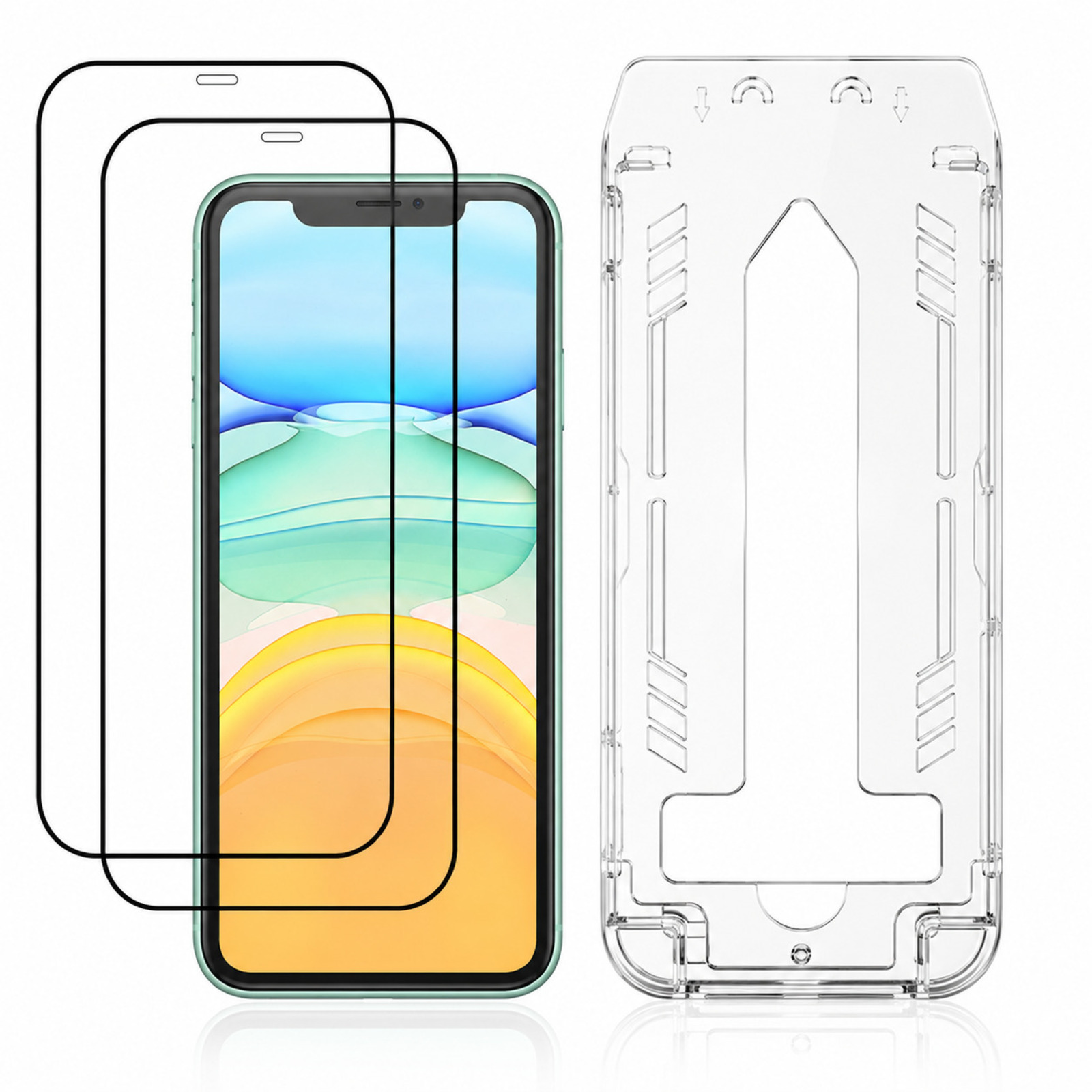 Smartfon z foliami ochronnymi na ekran i przezroczystym etui obok.