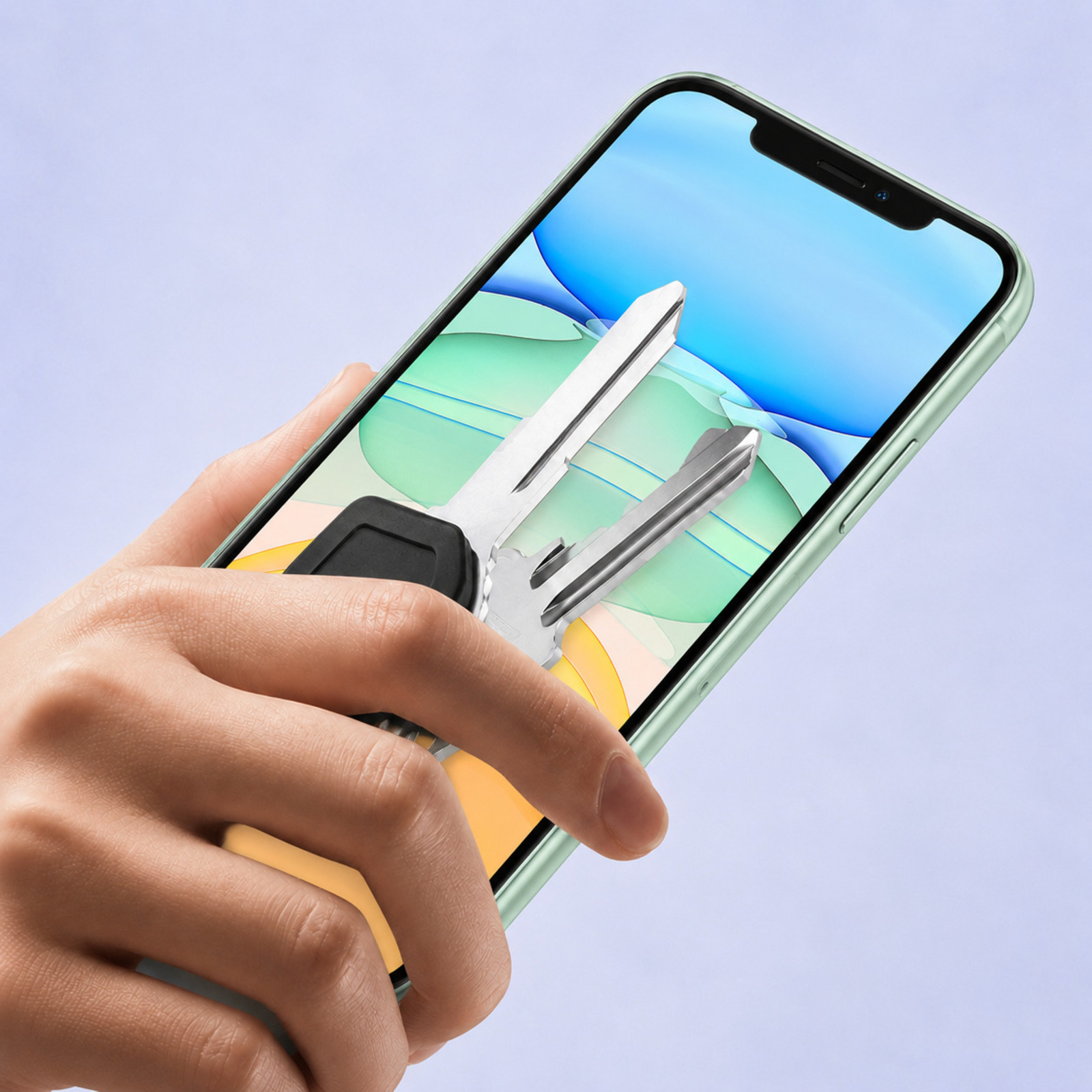Dłoń trzyma jasnosłuchawkową smartfon z cyfrowym kluczem do samochodu.
