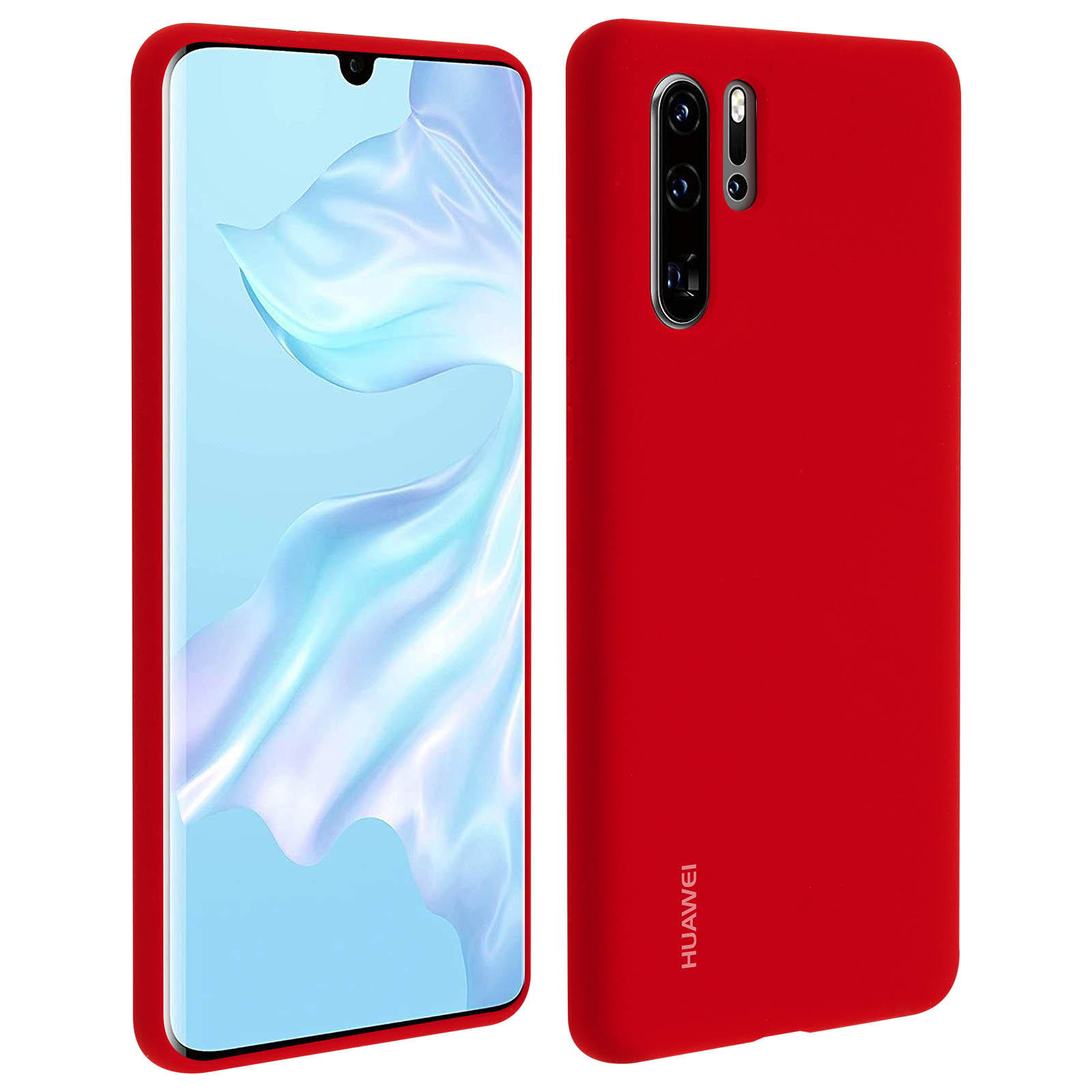 Custodia rossa per smartphone con tripla fotocamera e notch. Logo Huawei visibile.
