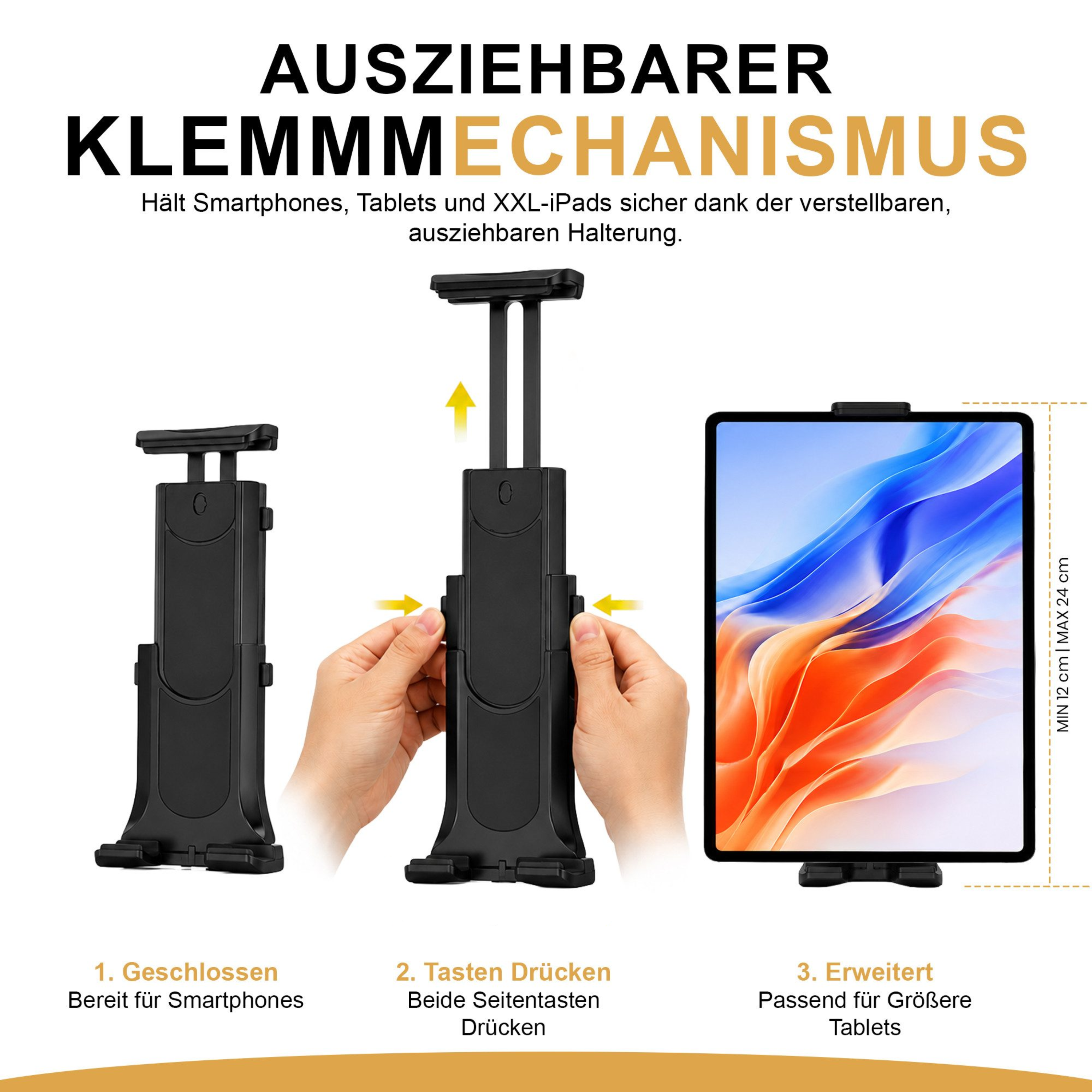 Ein ausziehbarer Klemmmechanismus für Smartphones und Tablets.