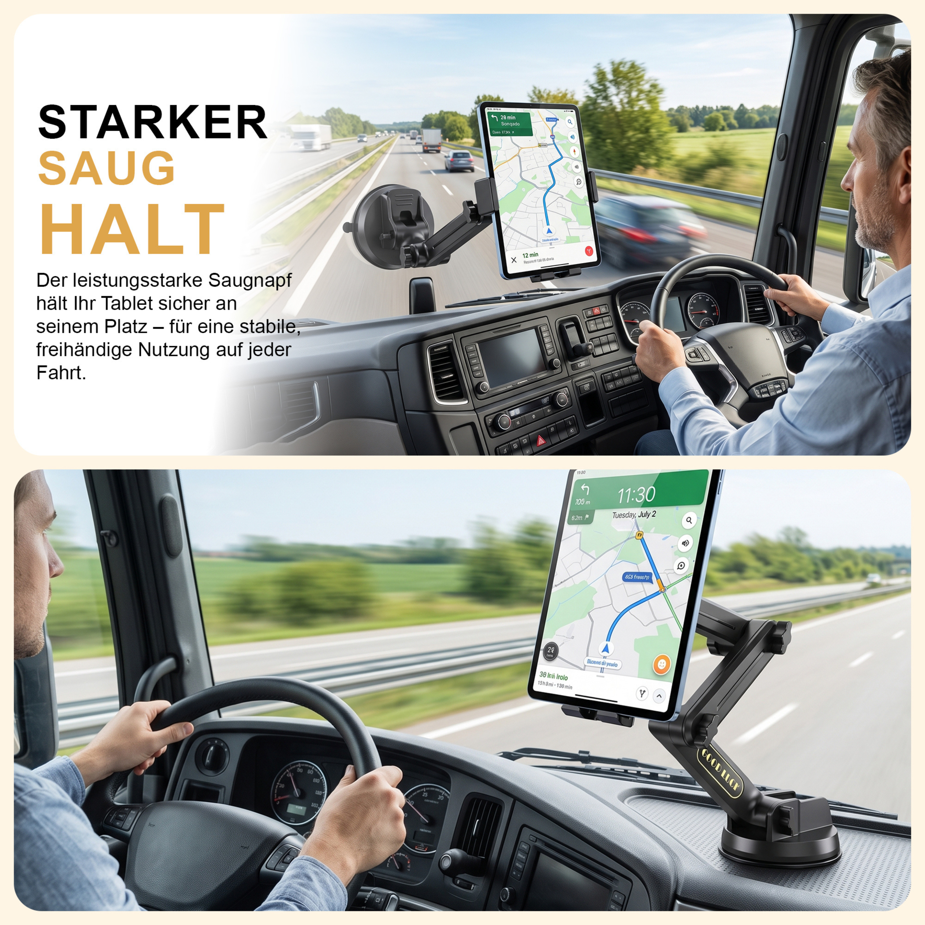 LKW-Fahrer nutzt Tablet-Halterung mit Navigations-App auf der Autobahn.