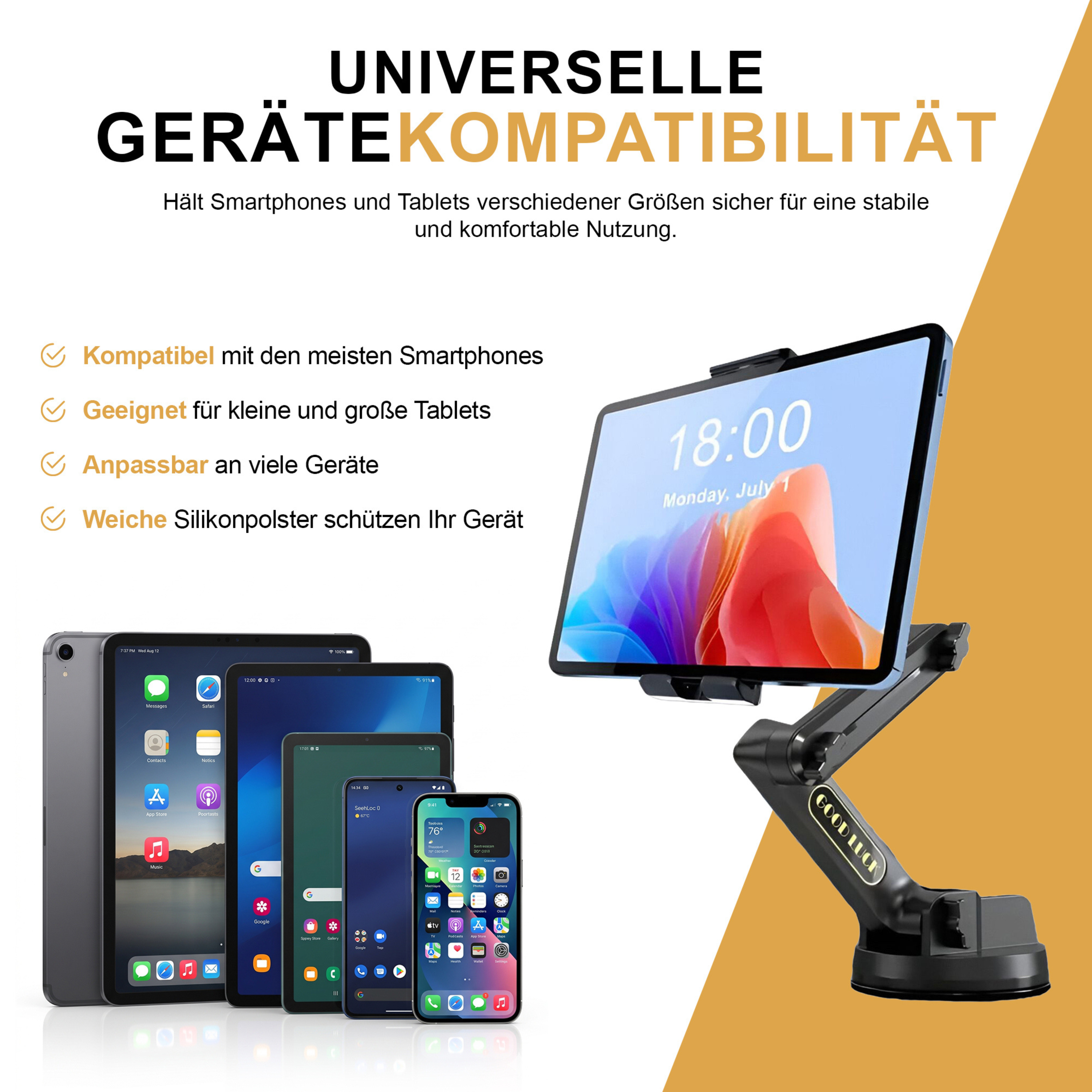 Ein schwarzer Halter mit einem Tablet und mehreren Smartphones daneben.
