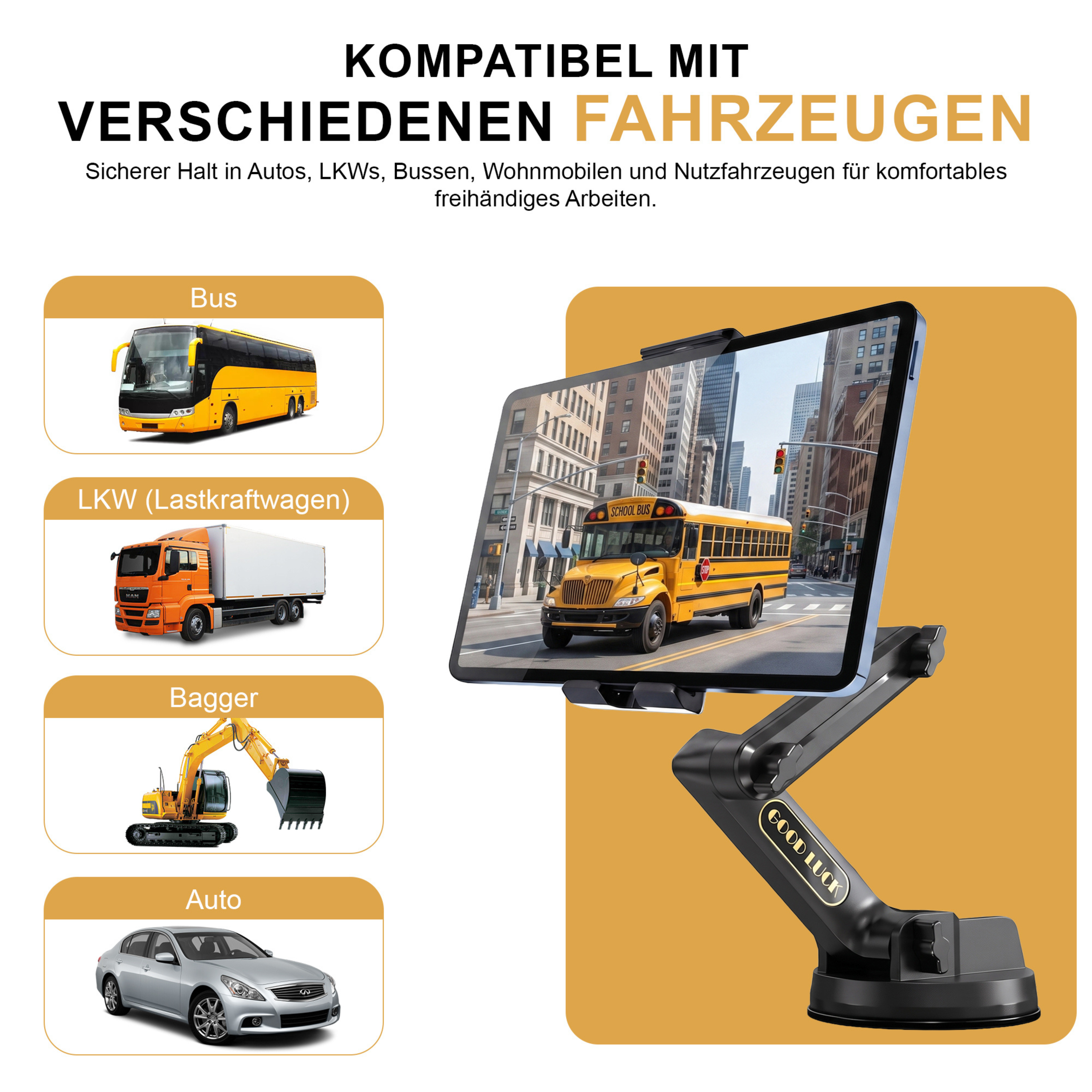 Produkt zeigt Kompatibilität mit verschiedenen Fahrzeugen: Bus, LKW, Bagger, Auto.