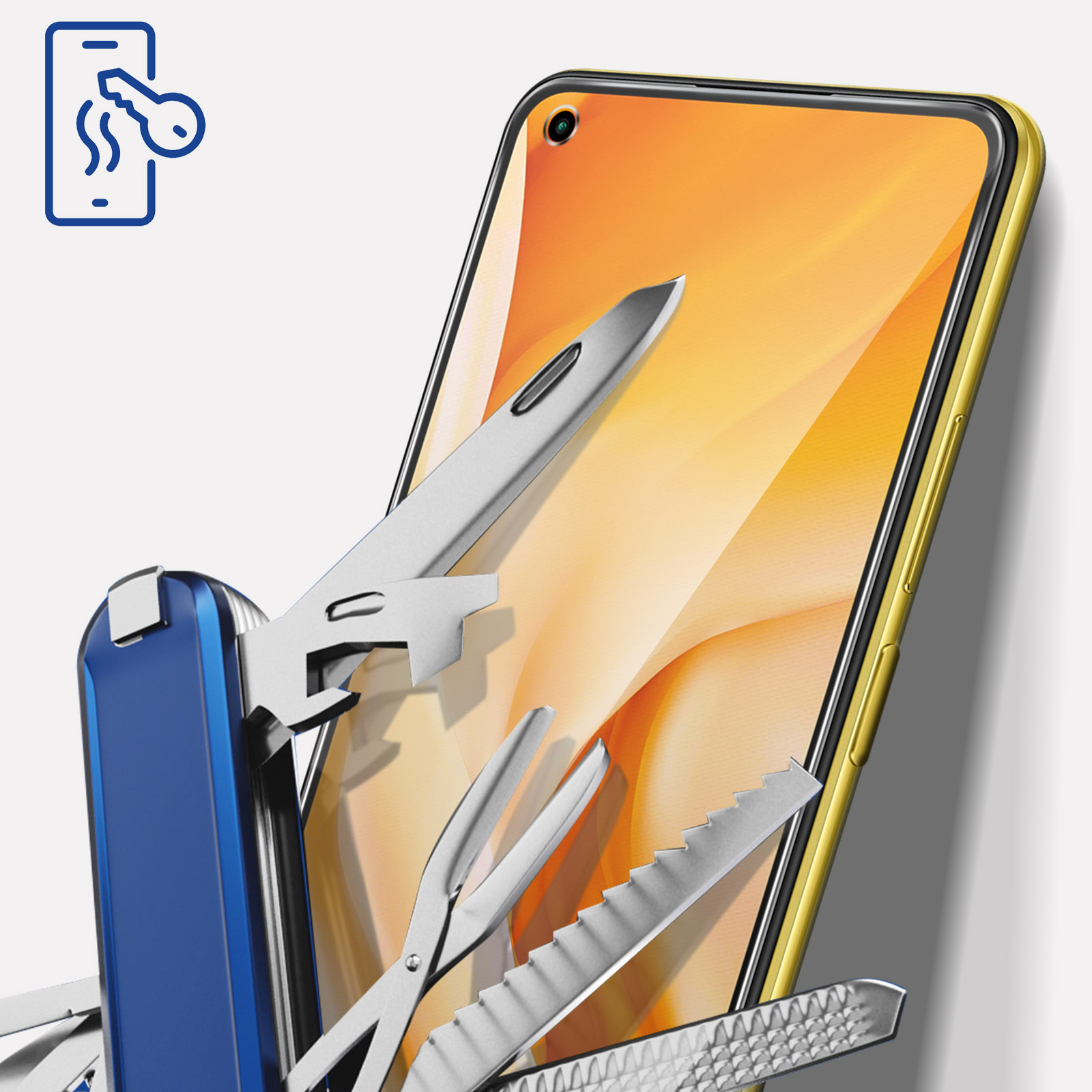 Un multiuso blu con attrezzi estesi davanti a uno smartphone giallo.