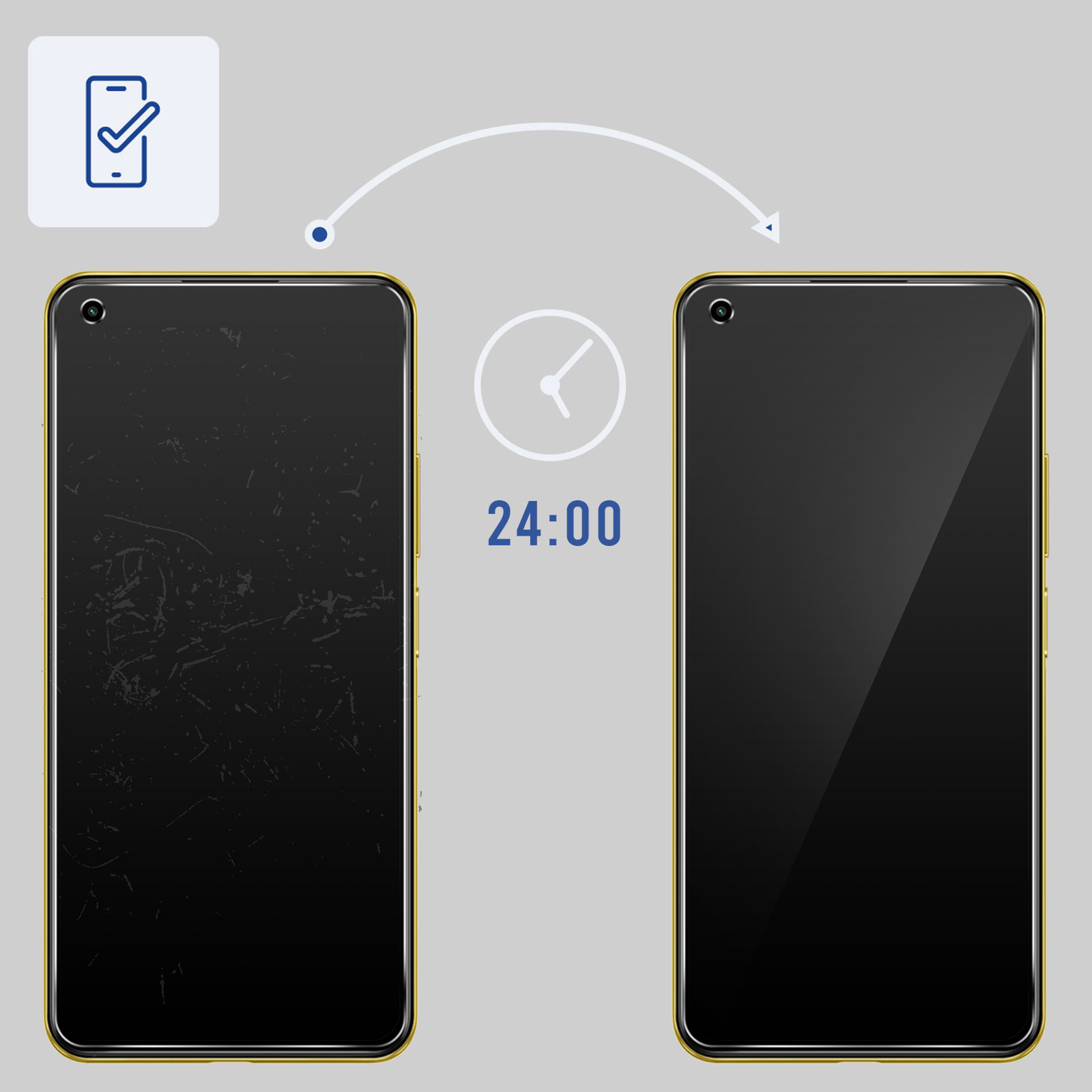 Telefono graffiato a sinistra, telefono pulito a destra, con orologio e 24:00.