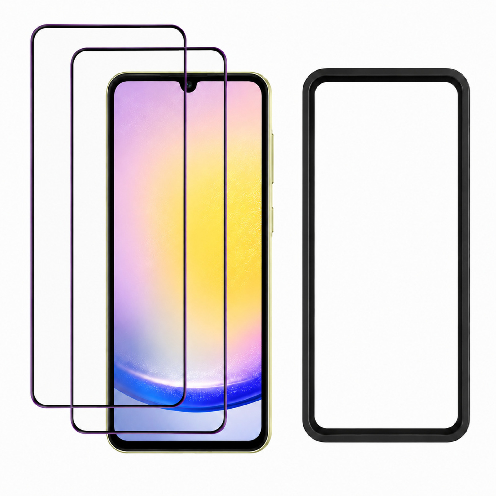 Tre protezioni per schermo per uno smartphone e una cornice nera.