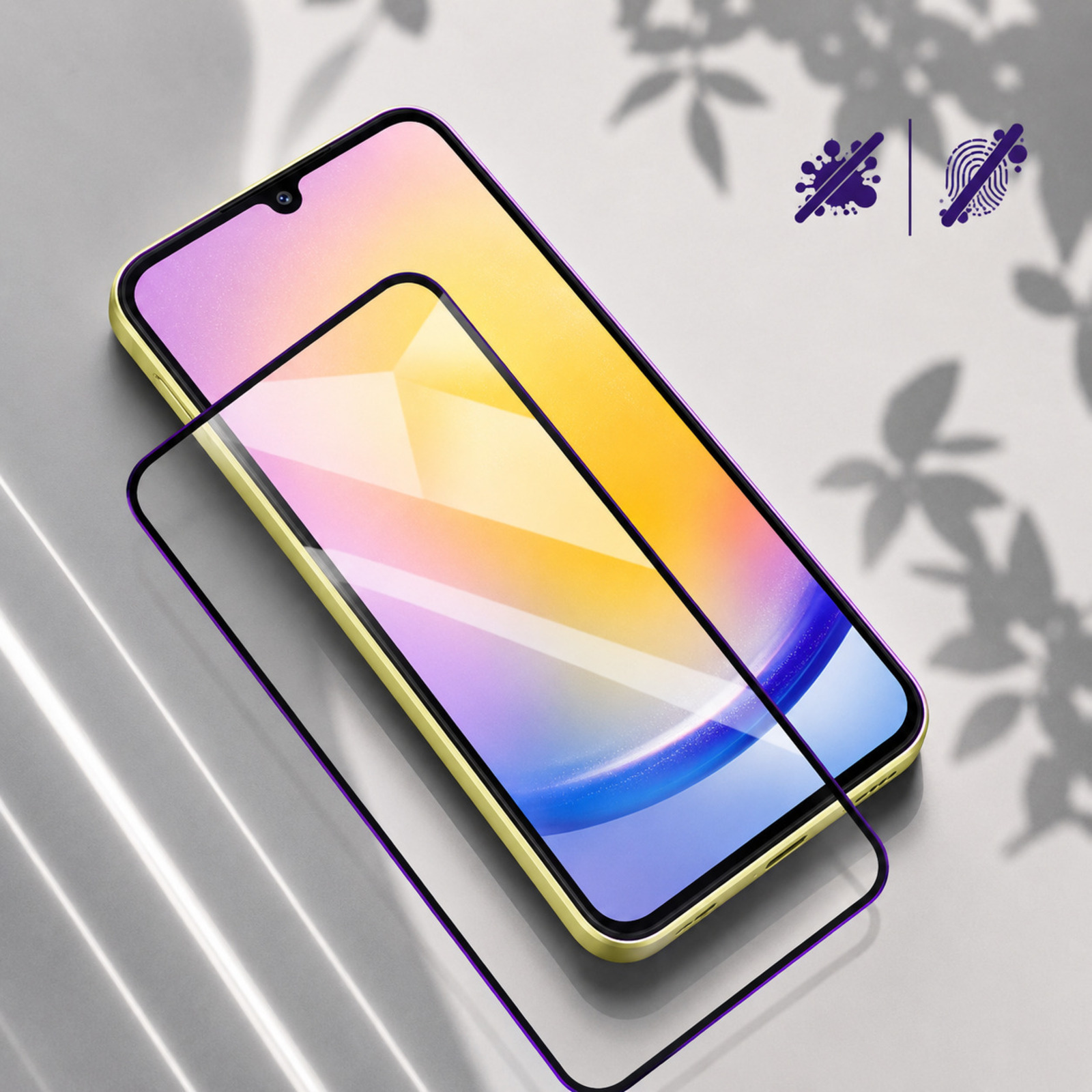 Uno smartphone giallo con una protezione per lo schermo davanti.