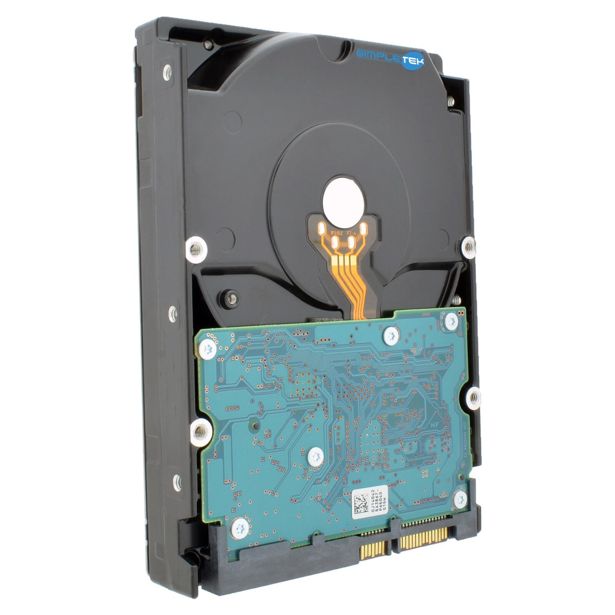 Hard disk con circuito stampato e connettori su sfondo bianco.