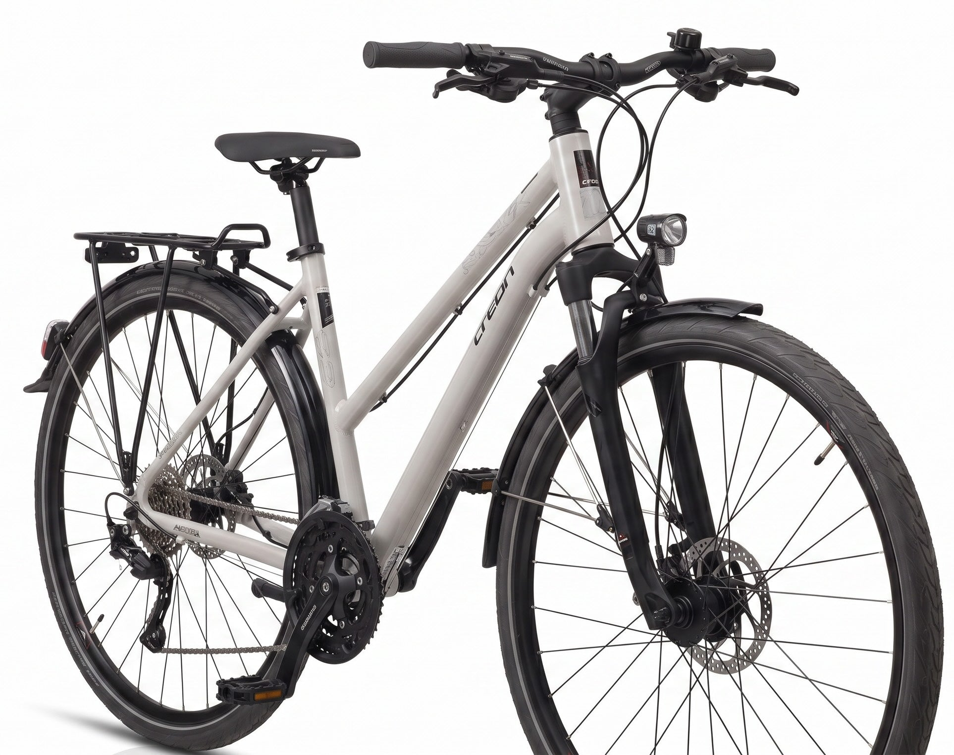Ein hellgraues Fahrrad mit schwarzen Akzenten, einschließlich Sitz, Reifen und Lenker.