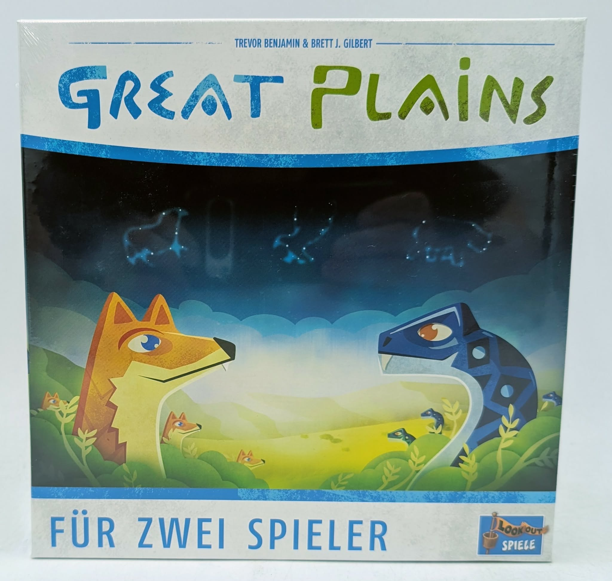 Brettspiel "Great Plains" für zwei Spieler mit Fuchs- und Dinosaurierfiguren.