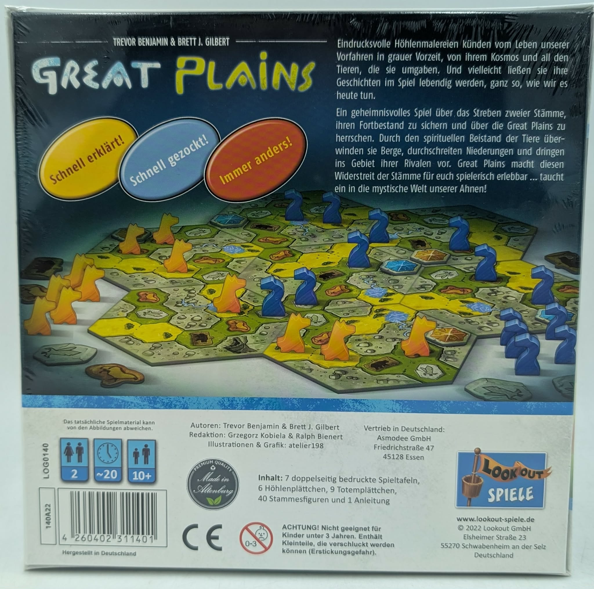 Brettspiel "Great Plains" mit Spielfiguren in Blau und Orange auf sechseckigen Feldern.