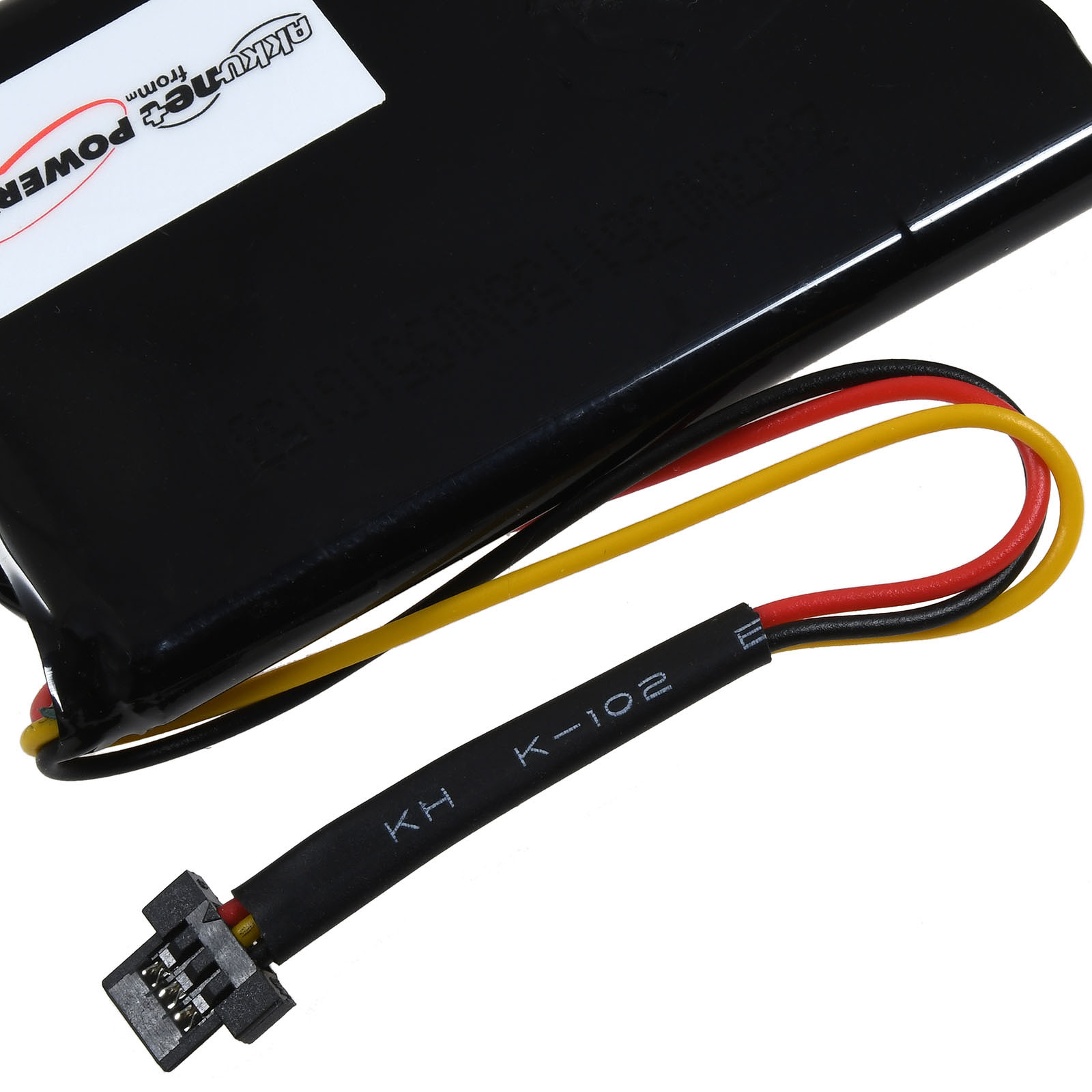 Schwarzer Akku mit rotem, gelbem und schwarzem Kabel und einem Stecker.
