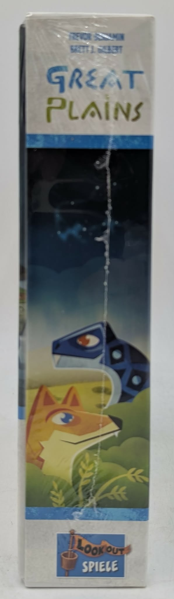 Brettspiel "Great Plains" mit Fuchs und blauem Tier auf dem Cover.