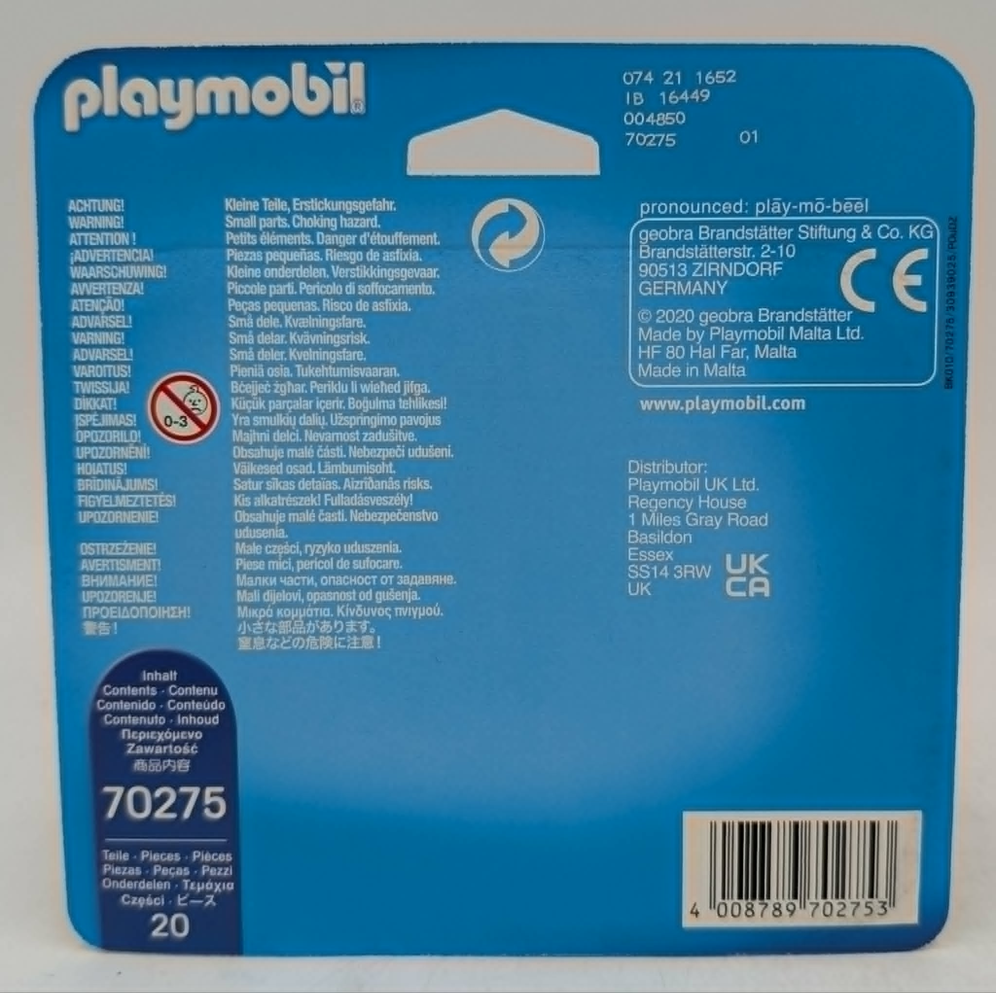 Retro della confezione Playmobil con avvertenze e informazioni sul prodotto.