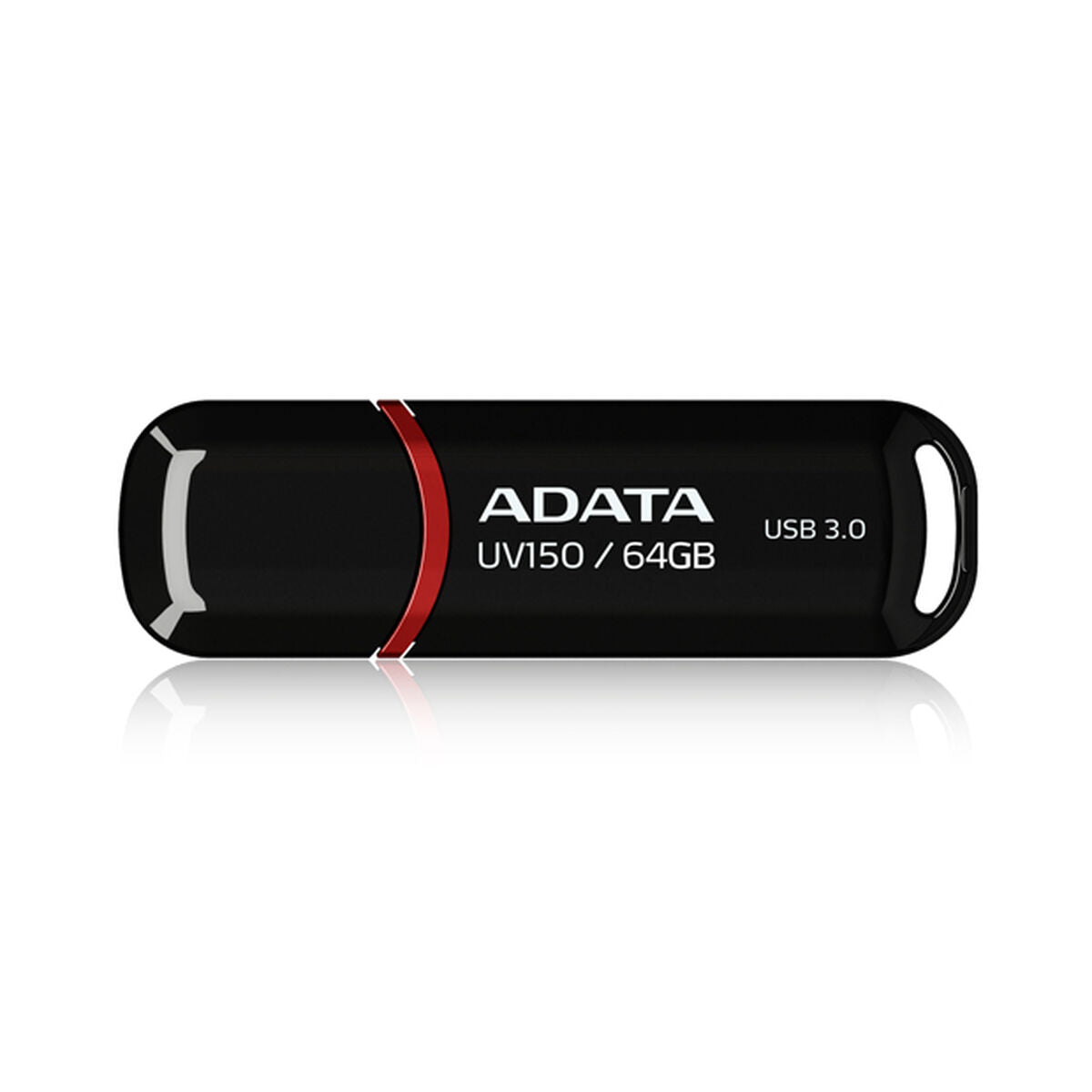 Czarny pendrive ADATA 64GB USB 3.0 z czerwonym akcentem i pętłą.