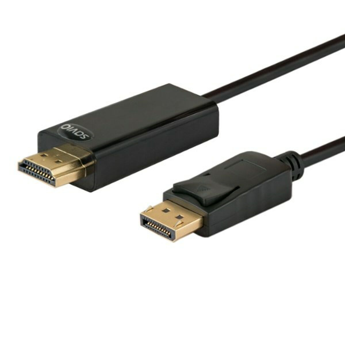 Un cable negro HDMI a DisplayPort con conectores dorados sobre fondo blanco.