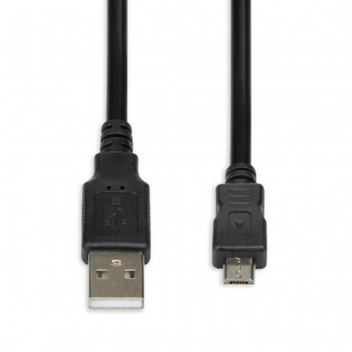 Cavo USB a Micro USB nero con connettori su sfondo bianco.
