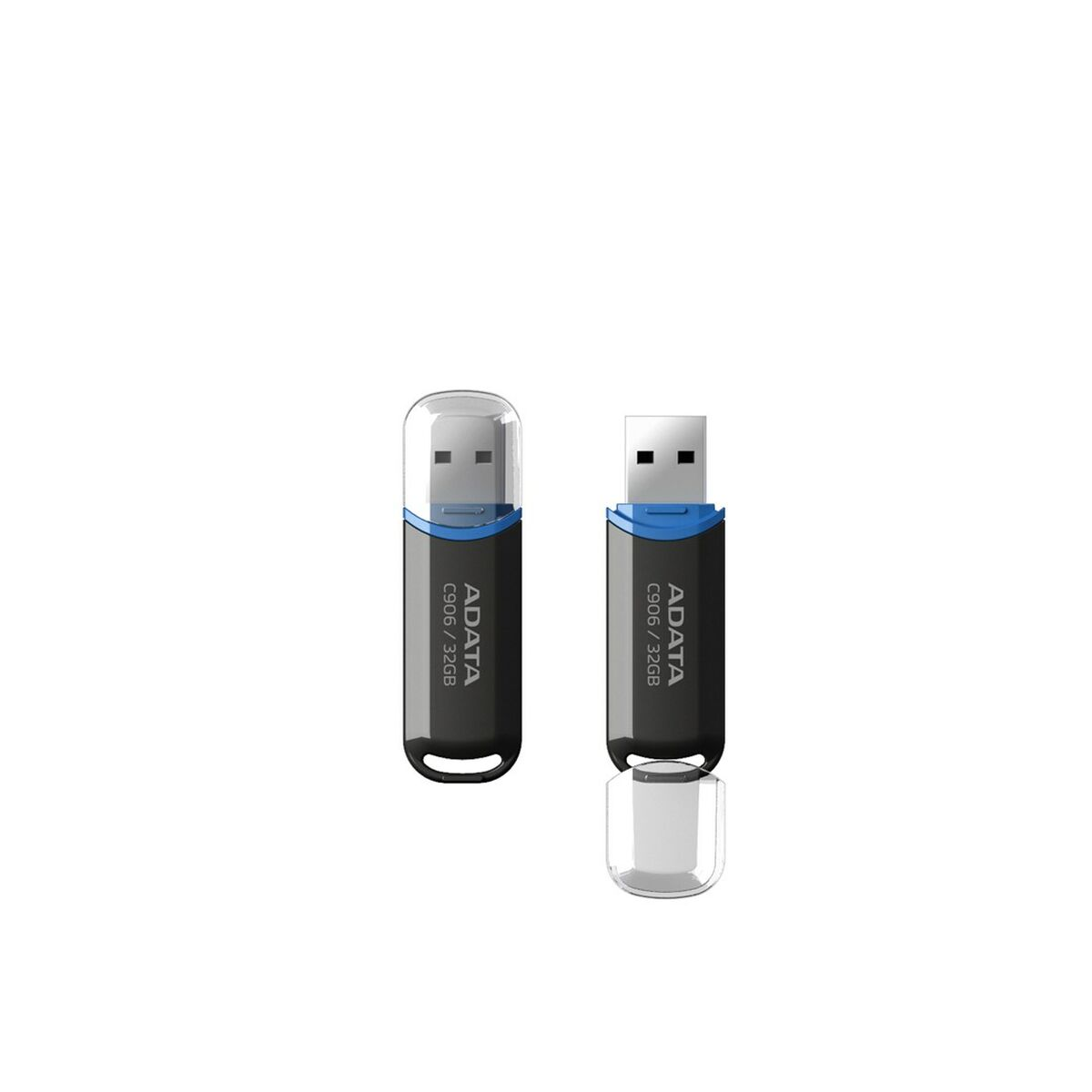 Dwa pendrive'y ADATA 32 GB, czarne z niebieskimi akcentami, jeden z nasadką.