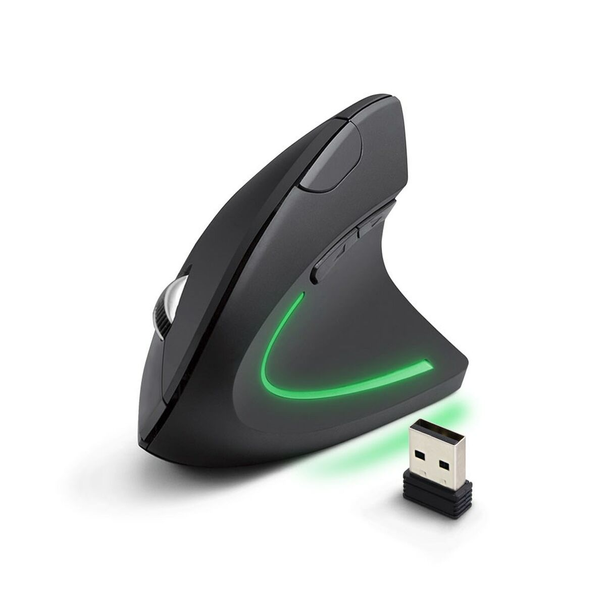 Ergonomische schwarze Maus mit grünem Licht und USB-Dongle.