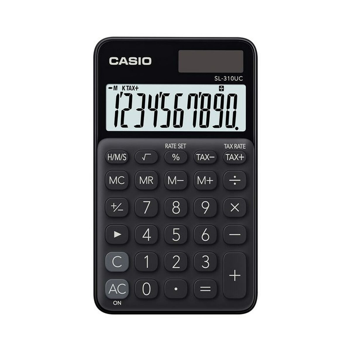 Calcolatrice Casio nera con numeri e simboli su sfondo bianco.
