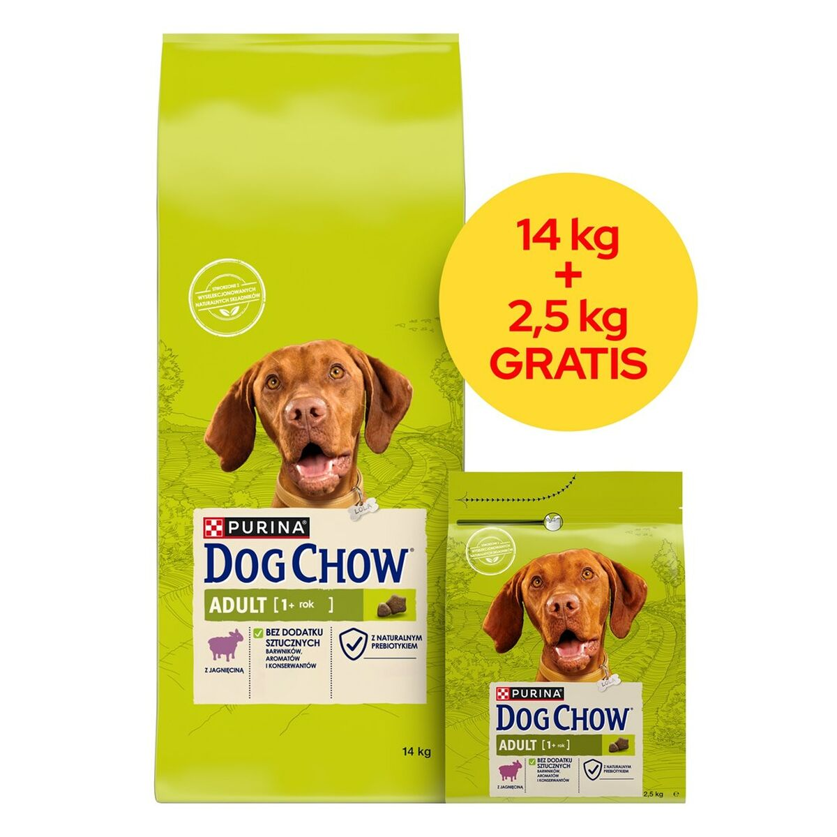 Dwa worki karmy dla psów z głową psa. Jeden 14kg, drugi 2,5kg.