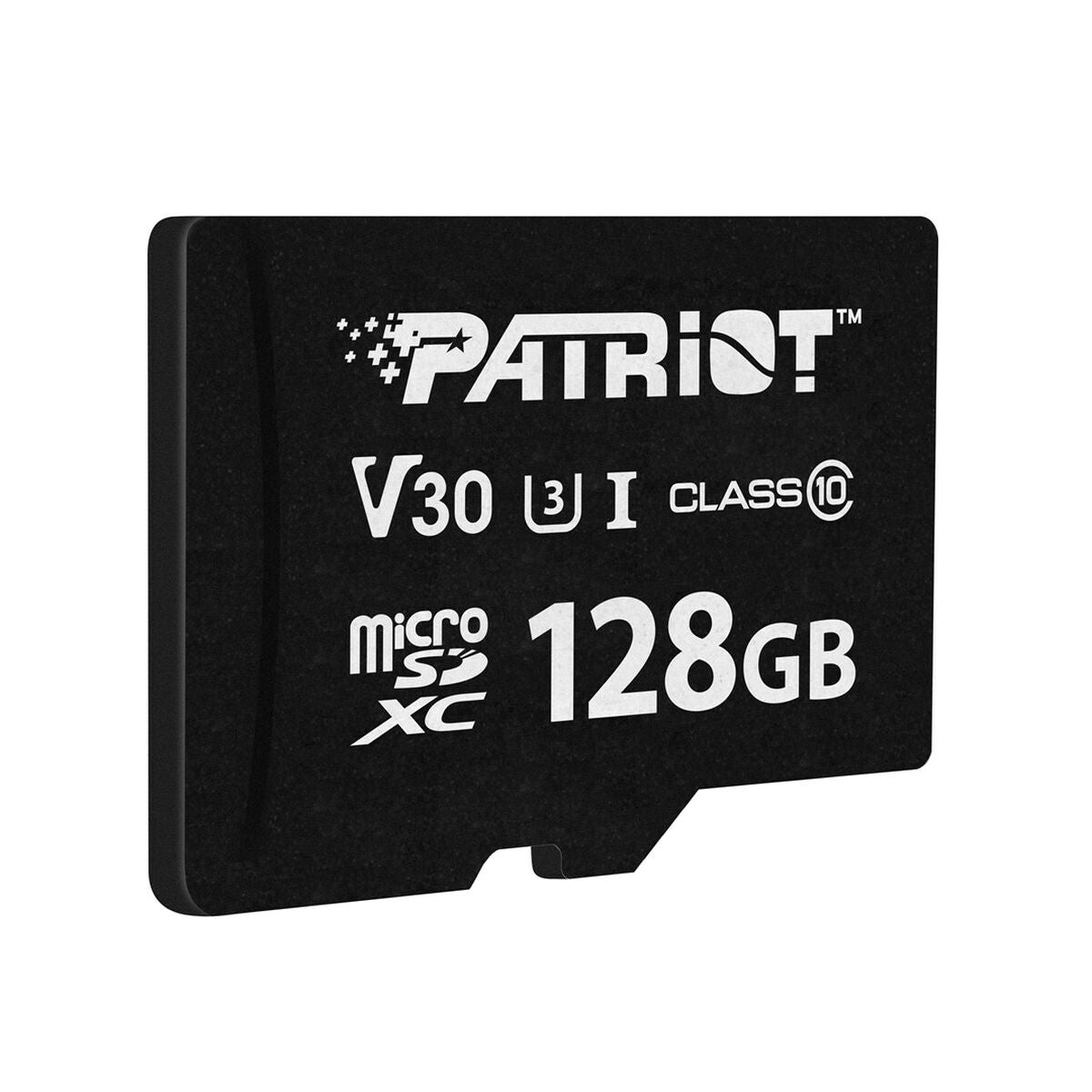Czarna karta Patriot MicroSDXC o pojemności 128 GB, oznaczenia V30 i Class 10.