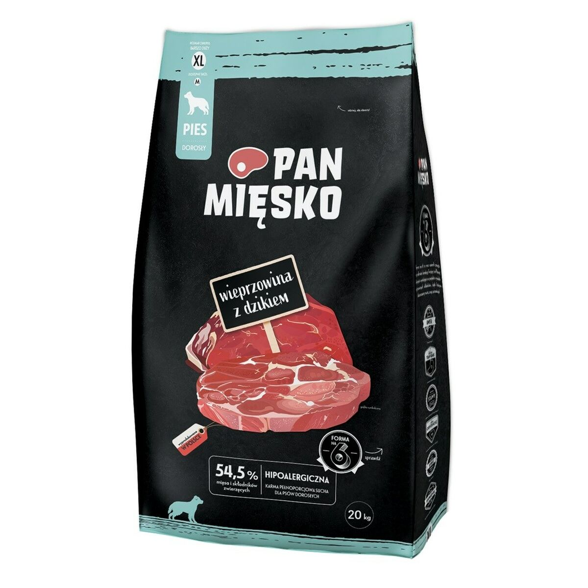 Bolsa negra de comida para perros, con ternera y jabalí.