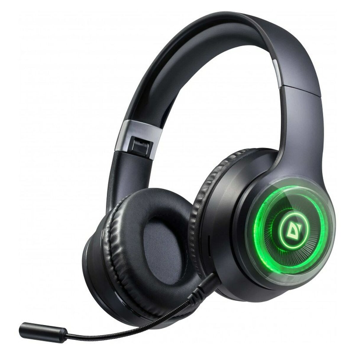 Cuffie nere con logo illuminato verde e microfono su sfondo bianco.