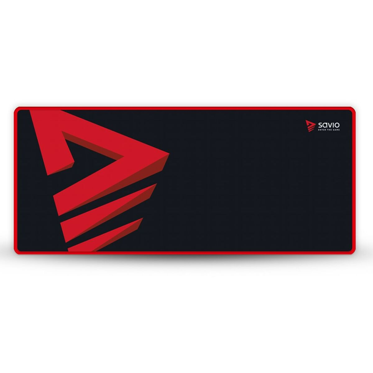 Czarna podkładka pod mysz z czerwonym obramowaniem i czerwonym logo 3D po lewej. Logo Savio po prawej.